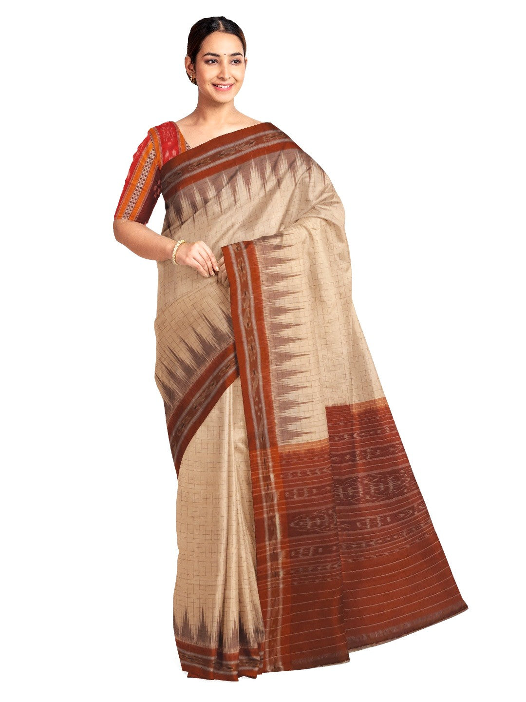 Beige and Rust Cotton Odisha Ikat saree with mix match cotton blouse piece
