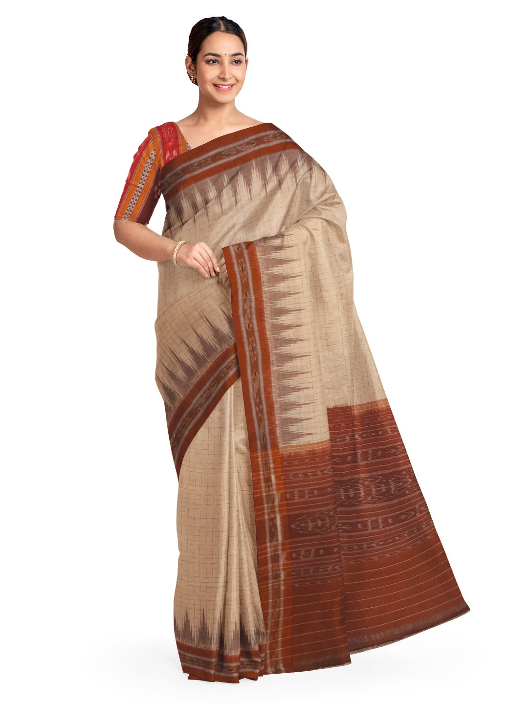 Beige and Rust Cotton Odisha Ikat saree with mix match cotton blouse piece