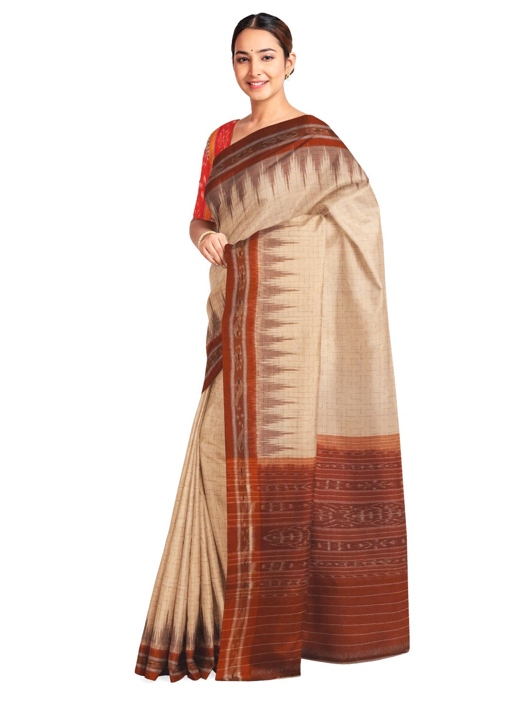 Beige and Rust Cotton Odisha Ikat saree with mix match cotton blouse piece