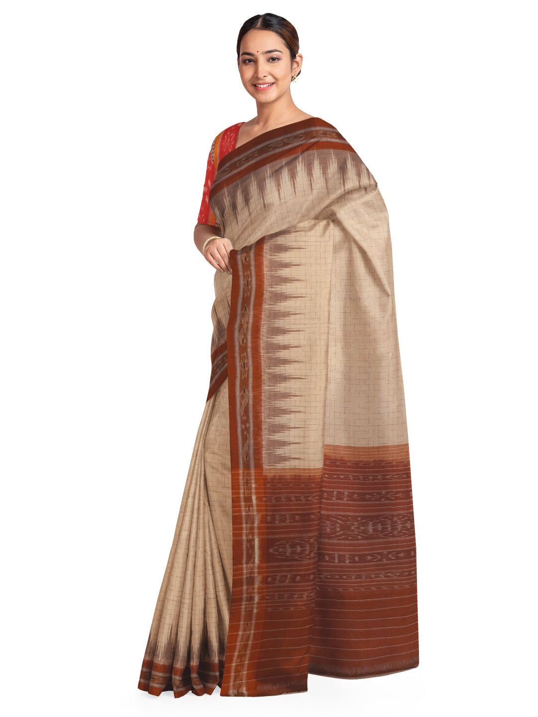 Beige and Rust Cotton Odisha Ikat saree with mix match cotton blouse piece
