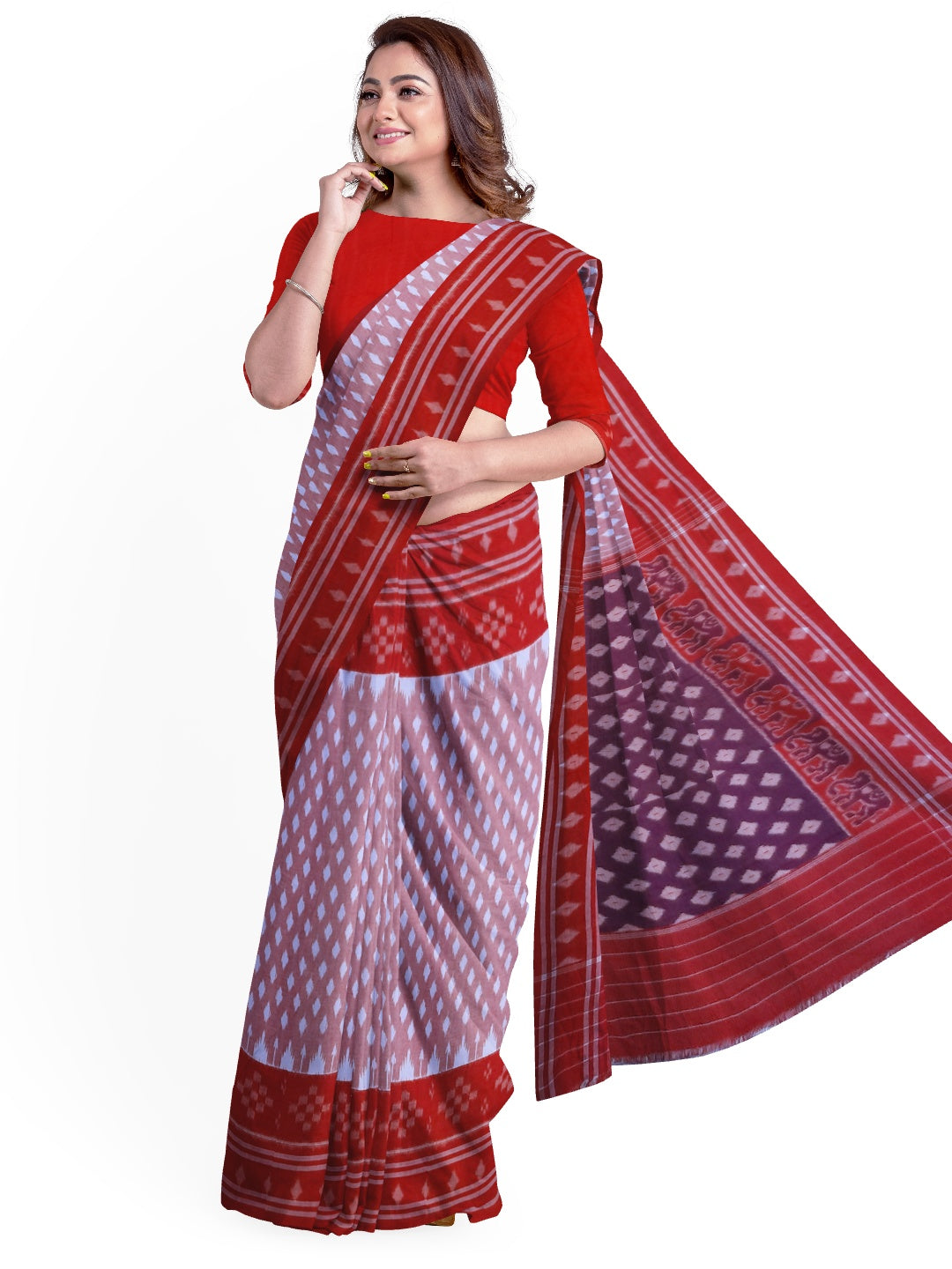 Pink with Red Cotton Odisha Ikat saree with cotton ikat blouse piece