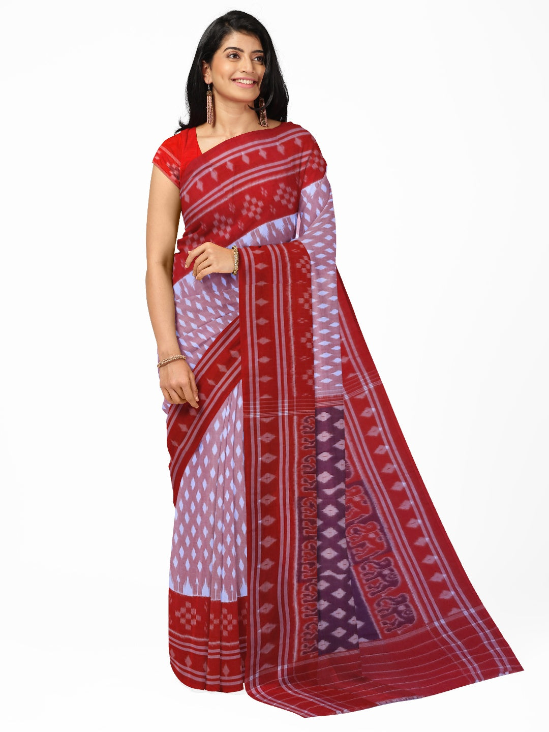 Pink with Red Cotton Odisha Ikat saree with cotton ikat blouse piece