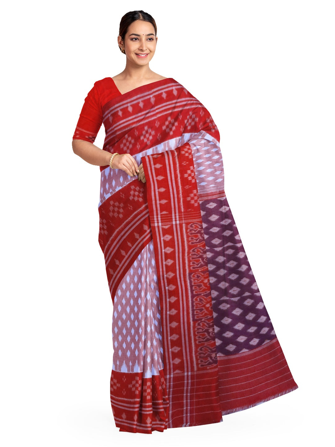 Pink with Red Cotton Odisha Ikat saree with cotton ikat blouse piece