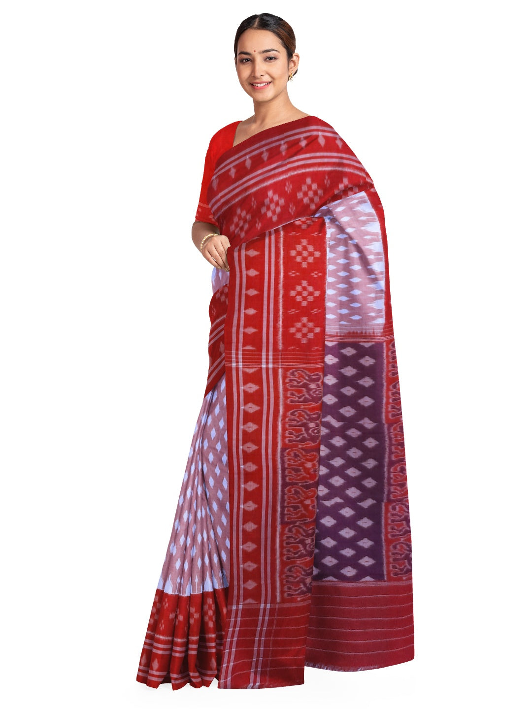 Pink with Red Cotton Odisha Ikat saree with cotton ikat blouse piece