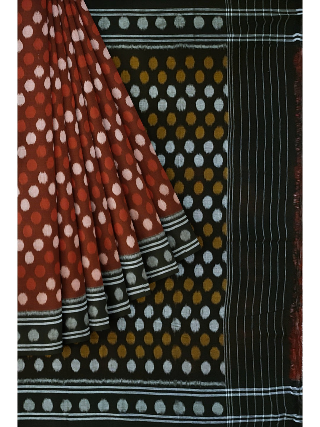 Maroon Polka dot Cotton Odisha Ikat saree with cotton ikat blouse piece