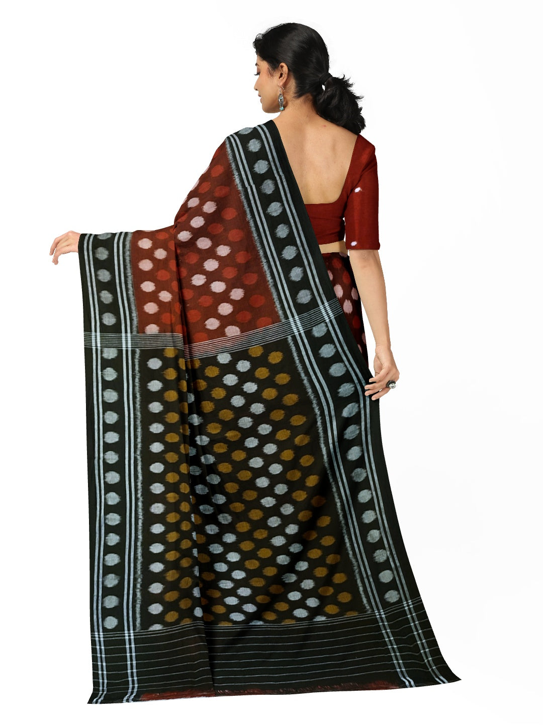 Maroon Polka dot Cotton Odisha Ikat saree with cotton ikat blouse piece