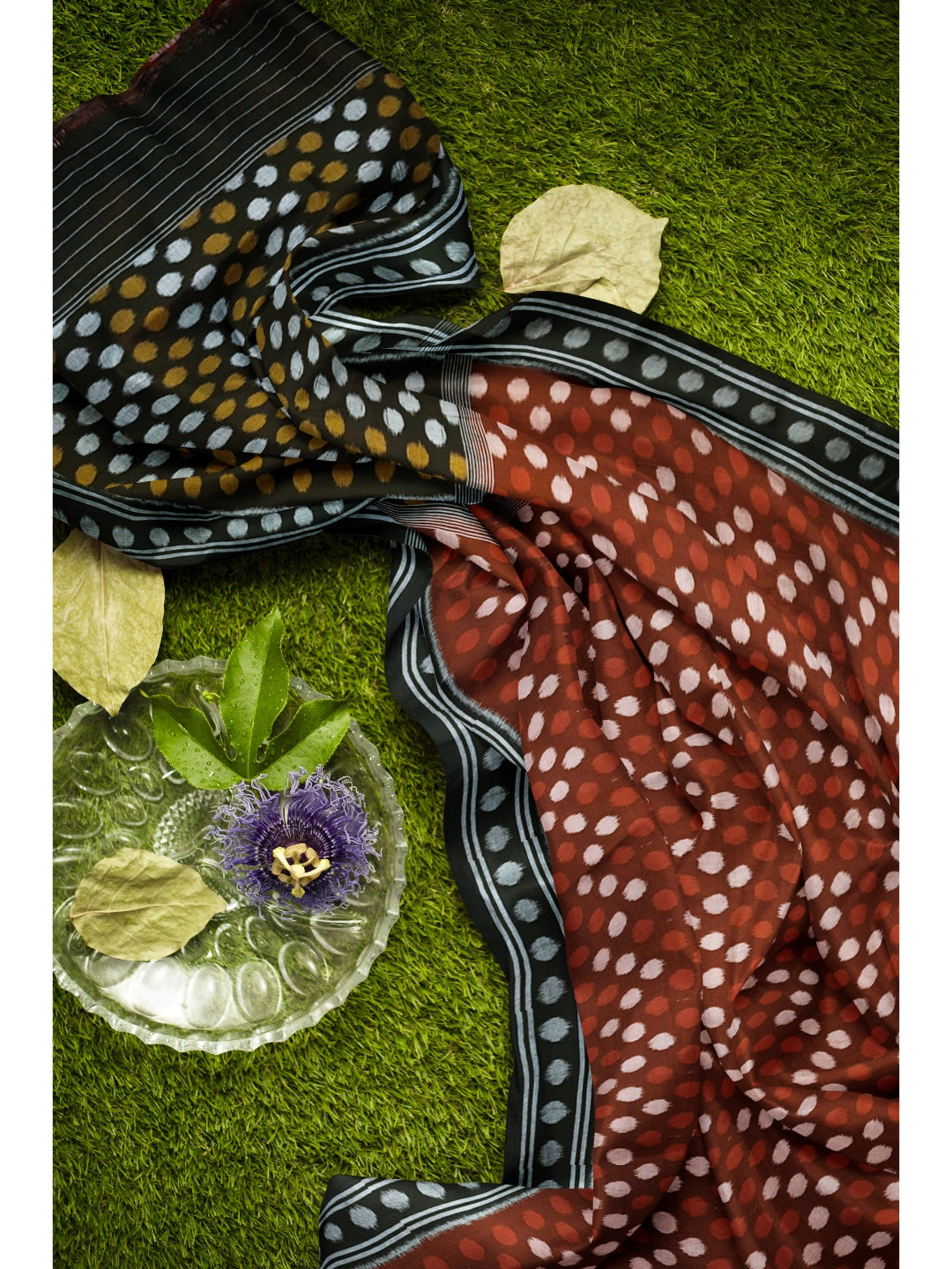 Maroon Polka dot Cotton Odisha Ikat saree with cotton ikat blouse piece