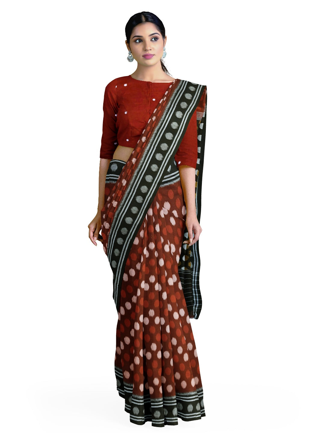 Maroon Polka dot Cotton Odisha Ikat saree with cotton ikat blouse piece