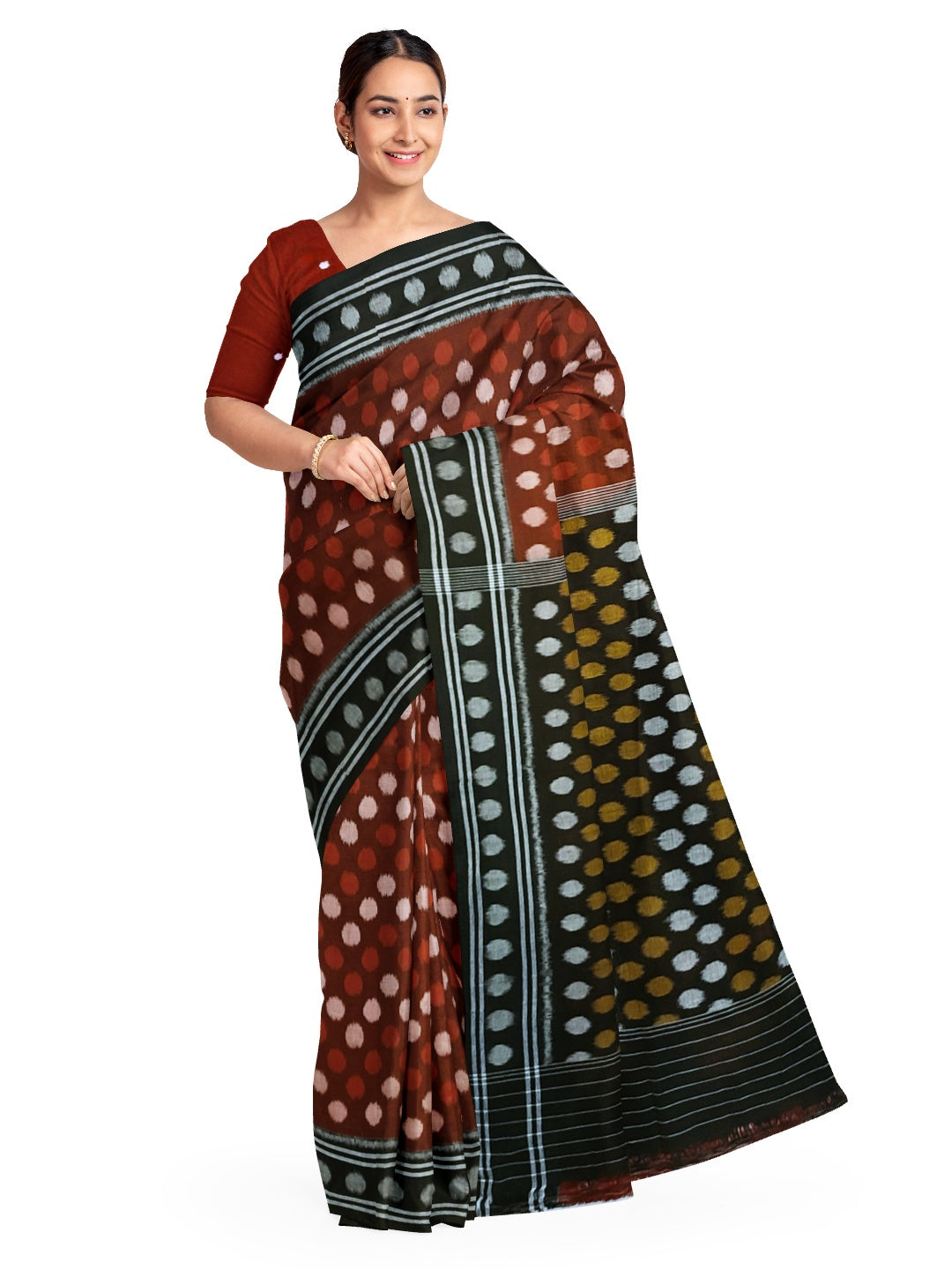 Maroon Polka dot Cotton Odisha Ikat saree with cotton ikat blouse piece