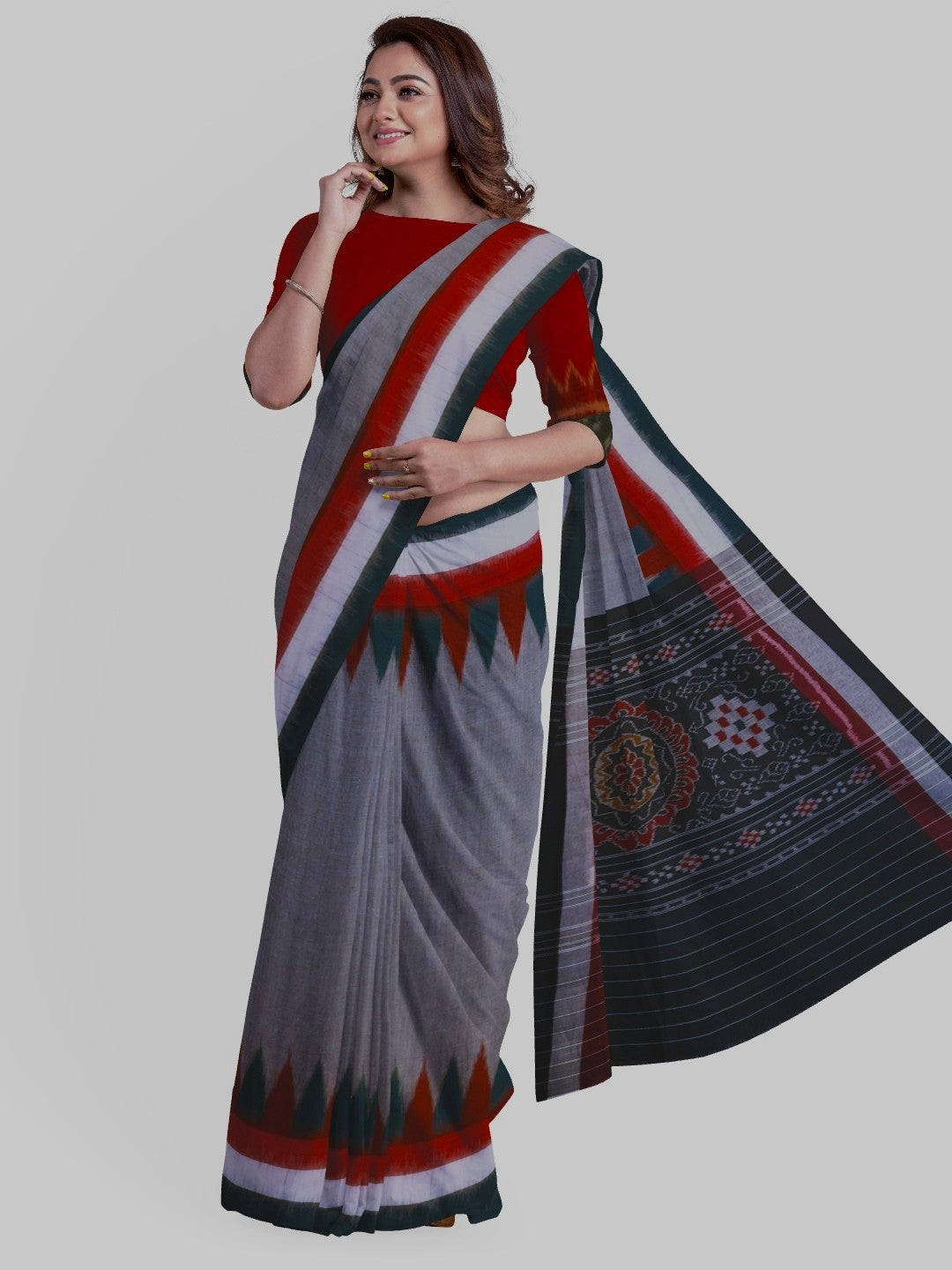 Grey double border Cotton Odisha Ikat saree with cotton ikat blouse piece