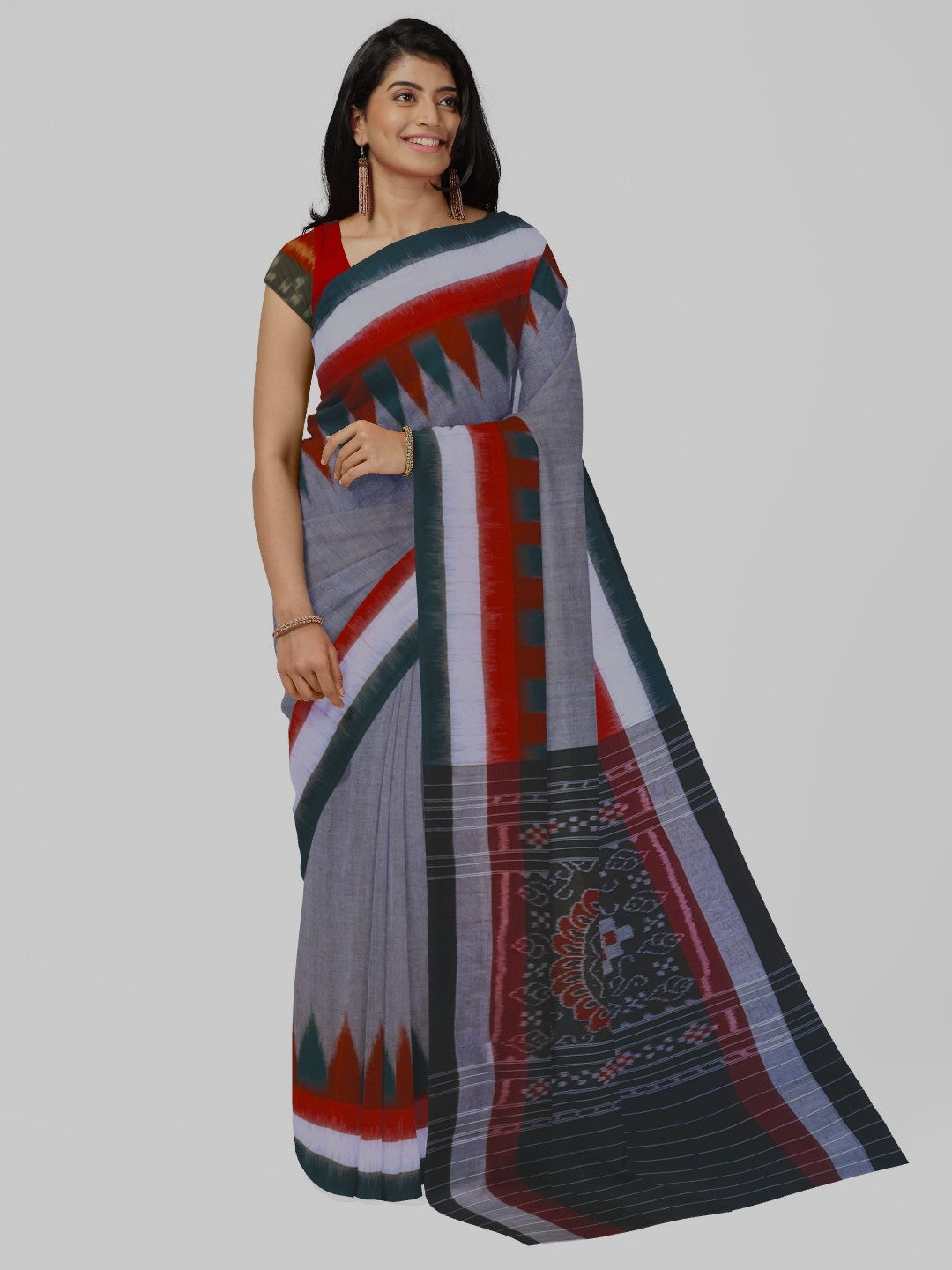 Grey double border Cotton Odisha Ikat saree with cotton ikat blouse piece
