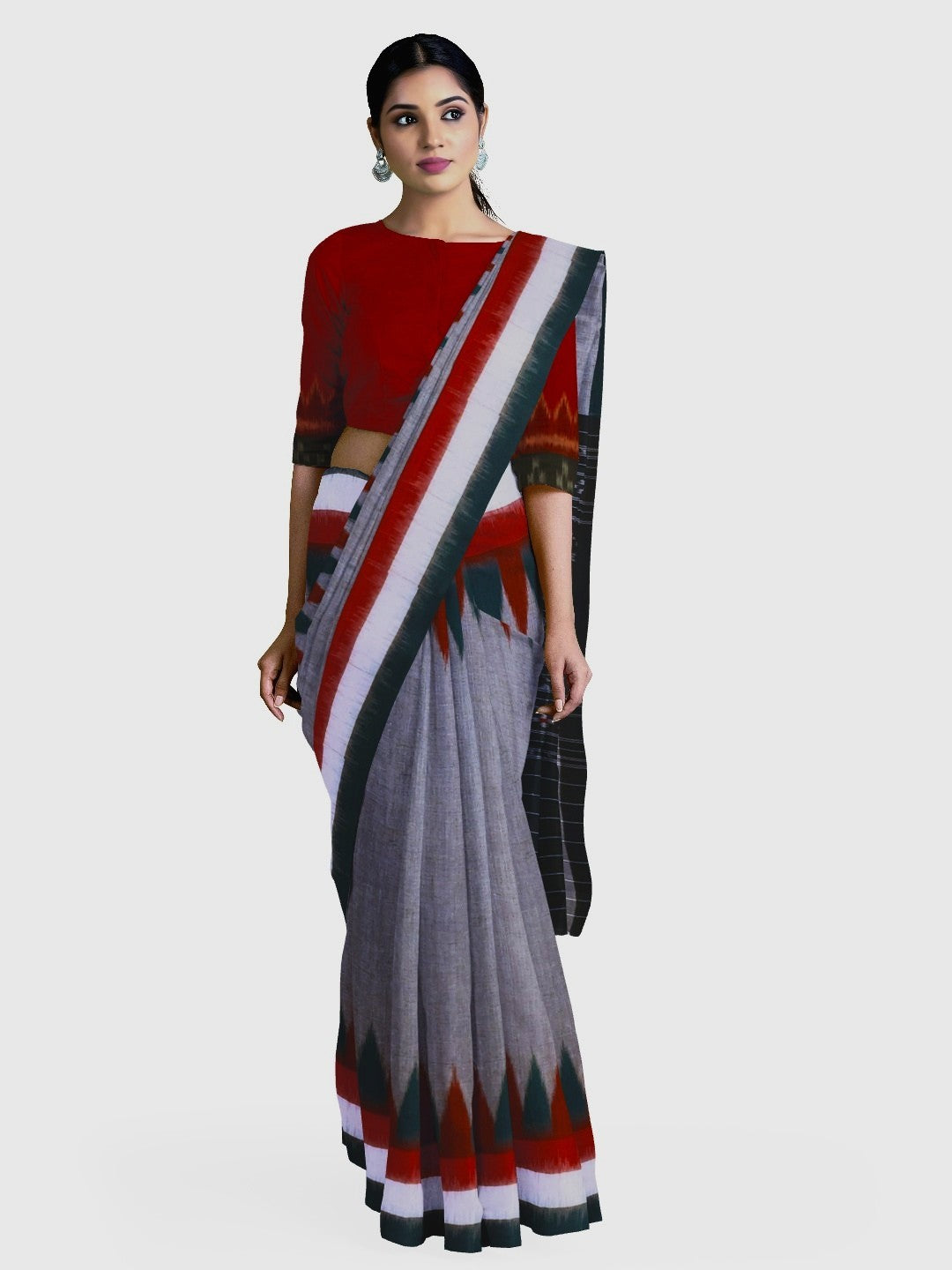 Grey double border Cotton Odisha Ikat saree with cotton ikat blouse piece