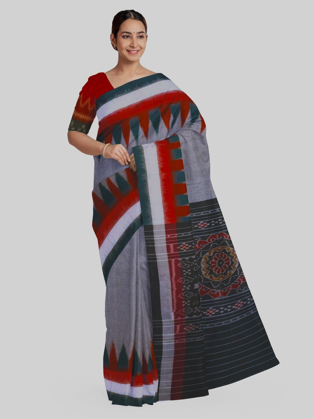 Grey double border Cotton Odisha Ikat saree with cotton ikat blouse piece