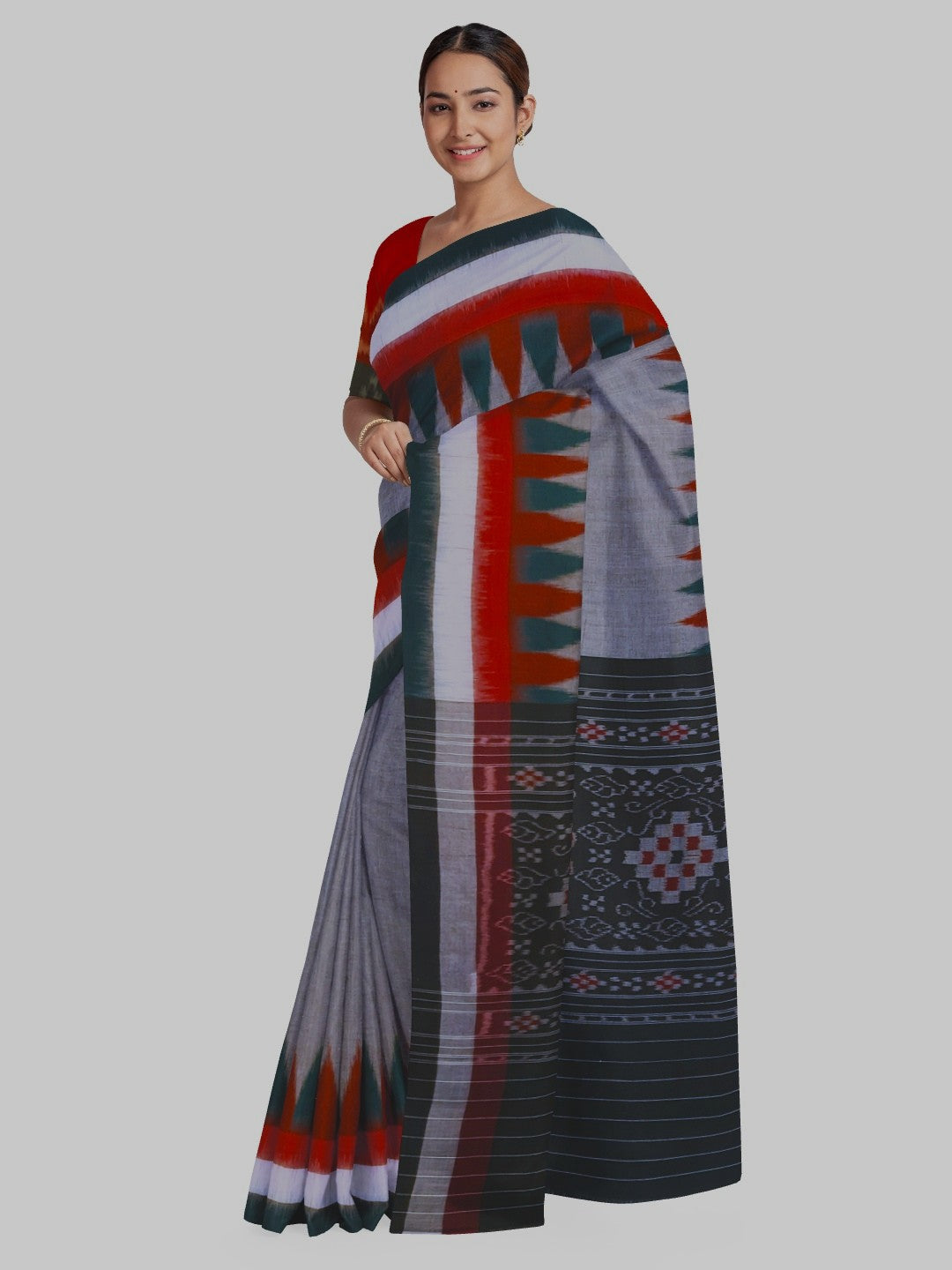 Grey double border Cotton Odisha Ikat saree with cotton ikat blouse piece
