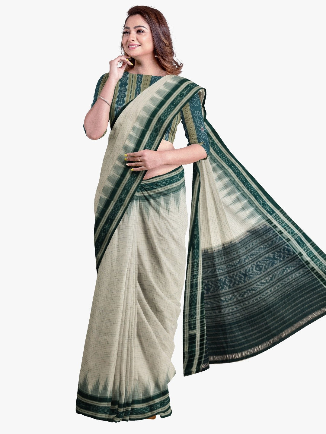 White with Green Cotton Odisha Ikat saree with mix match cotton ikat blouse piece