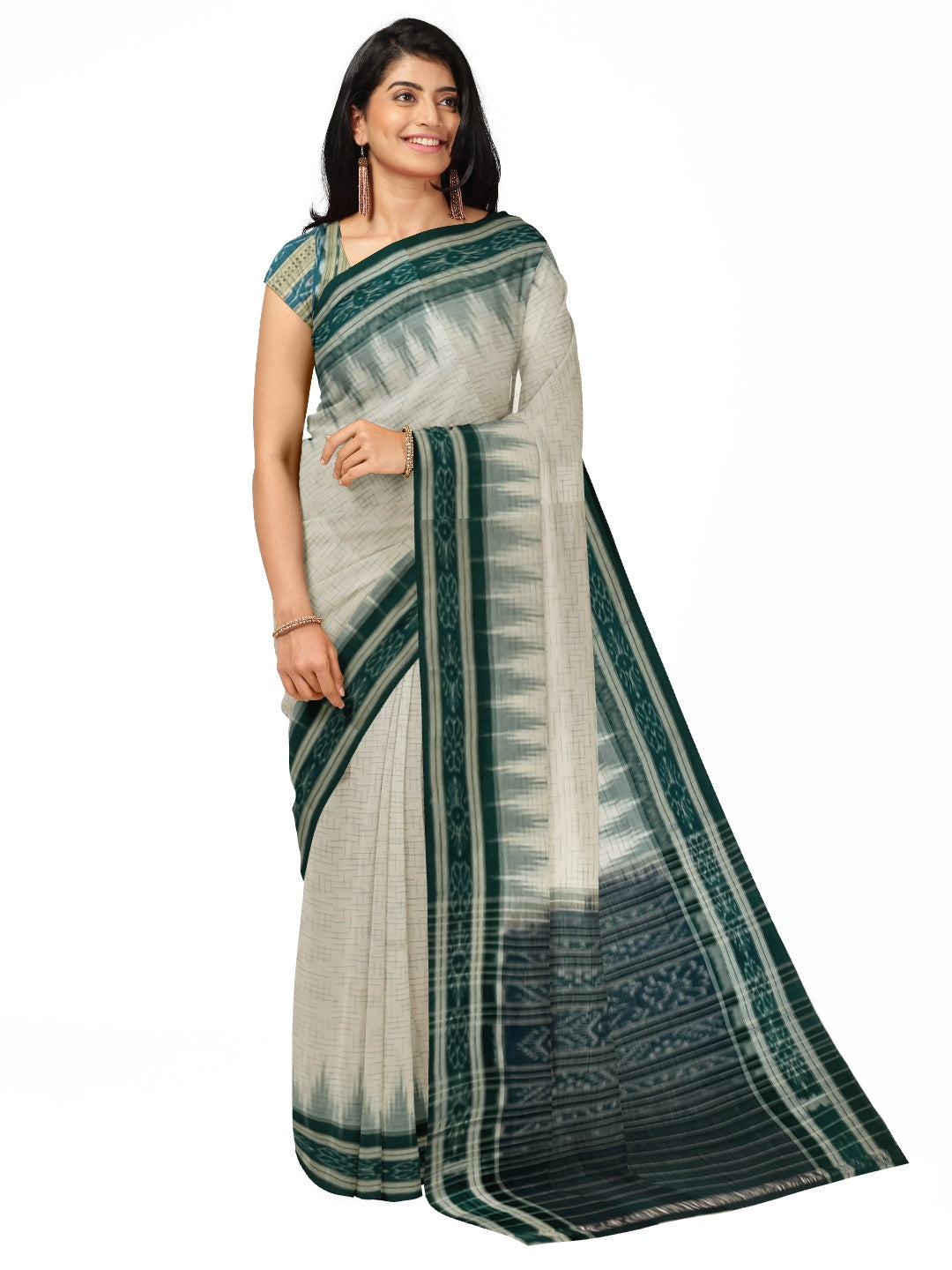 White with Green Cotton Odisha Ikat saree with mix match cotton ikat blouse piece
