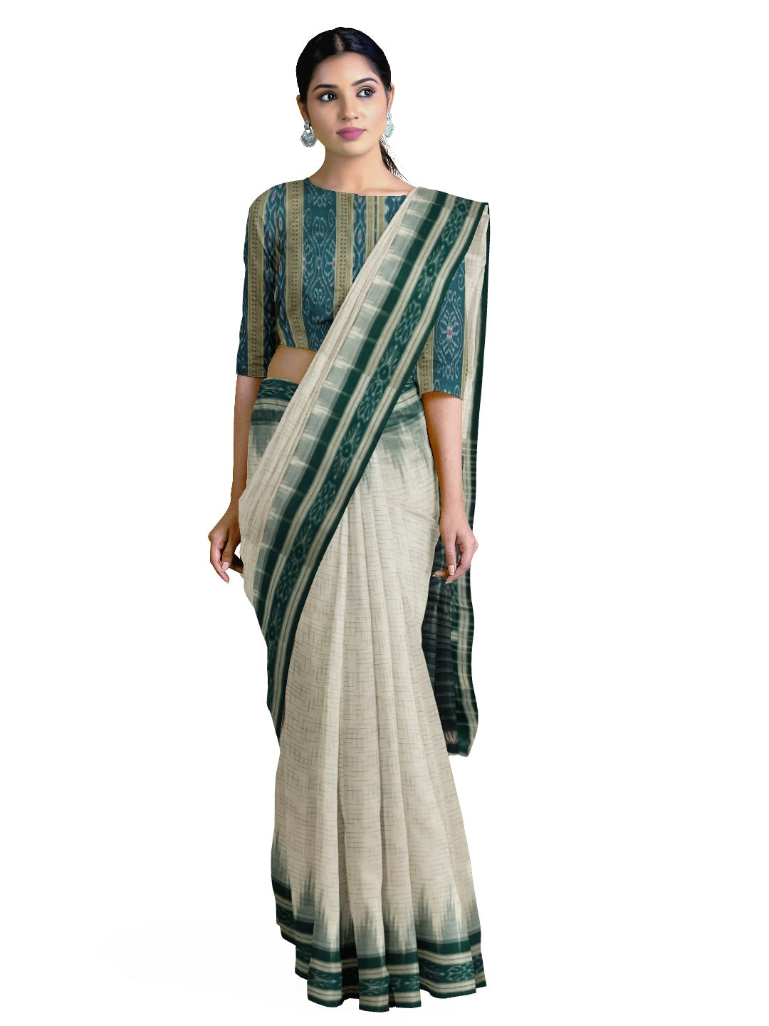 White with Green Cotton Odisha Ikat saree with mix match cotton ikat blouse piece