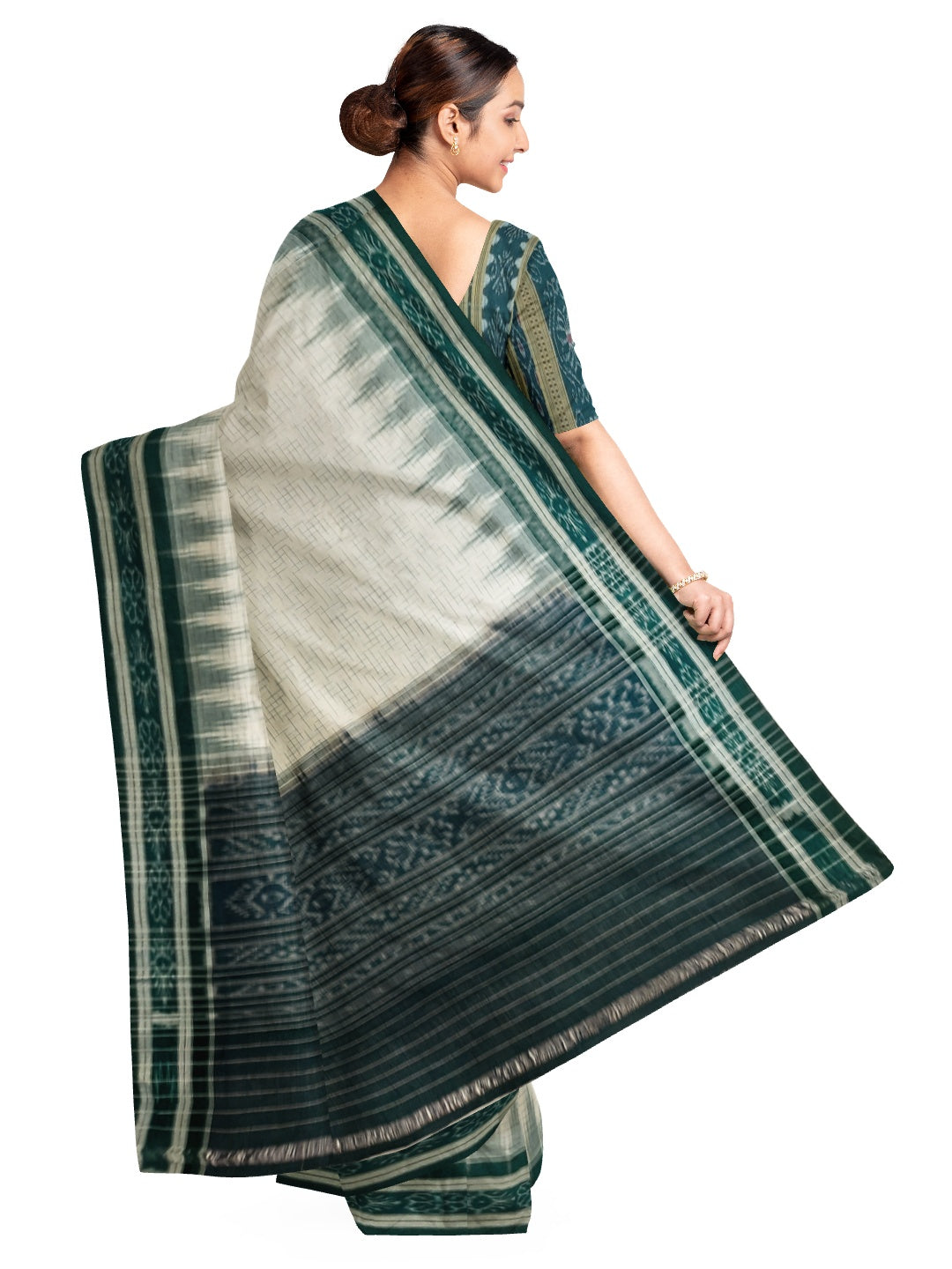 White with Green Cotton Odisha Ikat saree with mix match cotton ikat blouse piece
