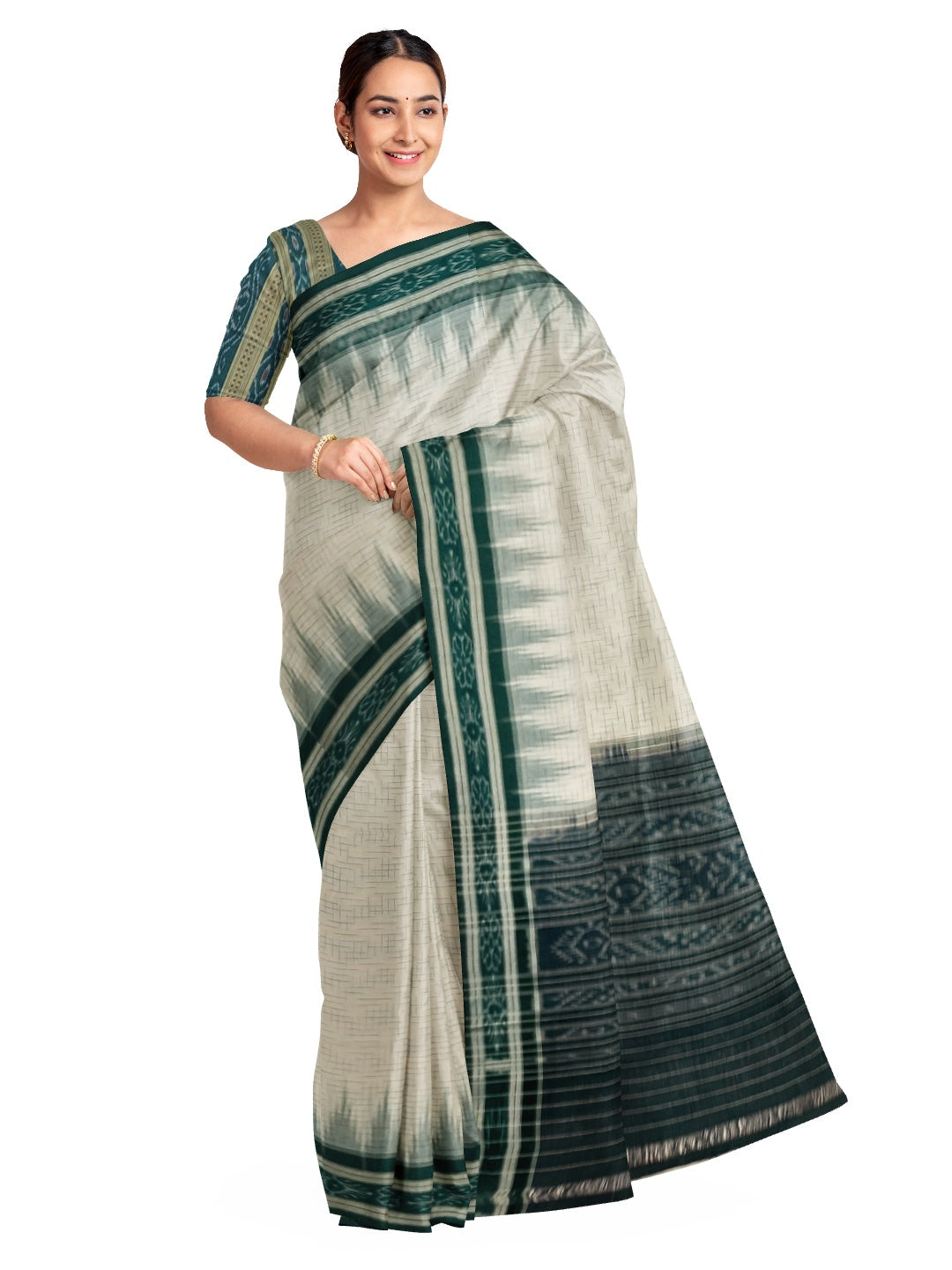 White with Green Cotton Odisha Ikat saree with mix match cotton ikat blouse piece