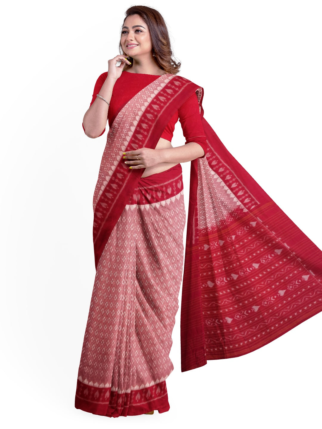 Pink with Red Cotton Odisha Ikat saree with running blouse piece