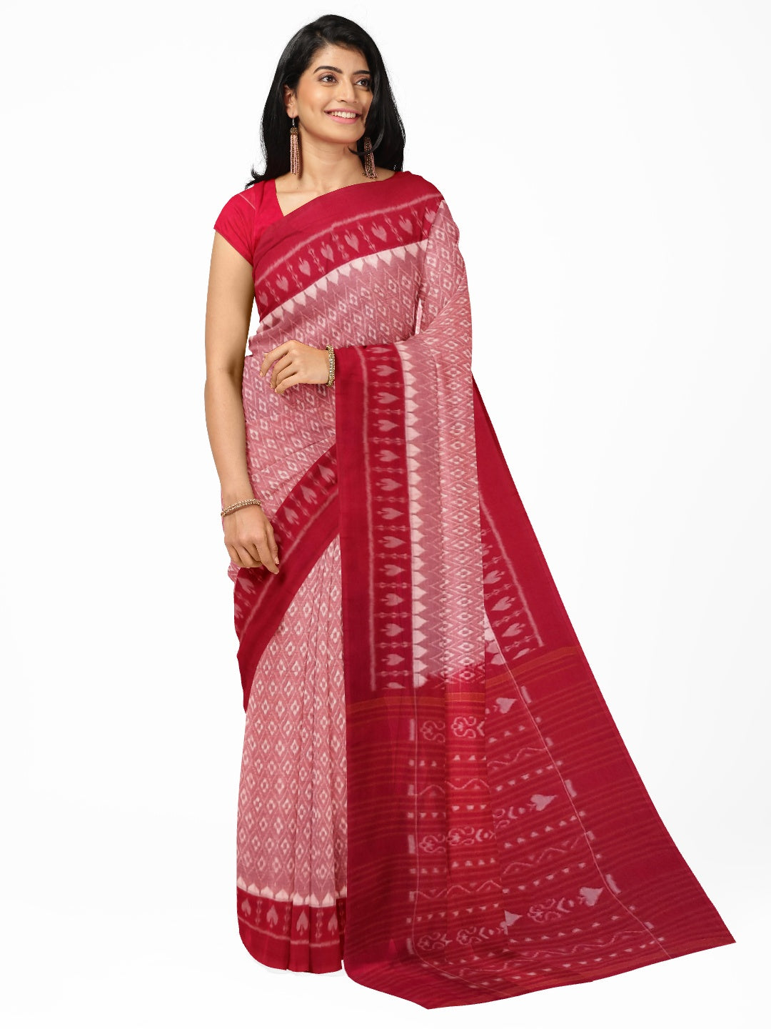 Pink with Red Cotton Odisha Ikat saree with running blouse piece