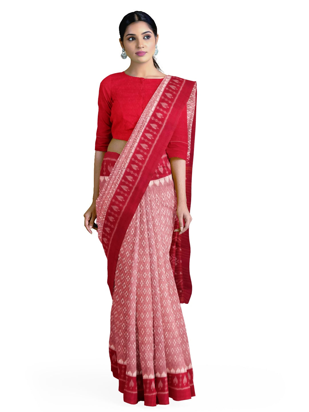 Pink with Red Cotton Odisha Ikat saree with running blouse piece
