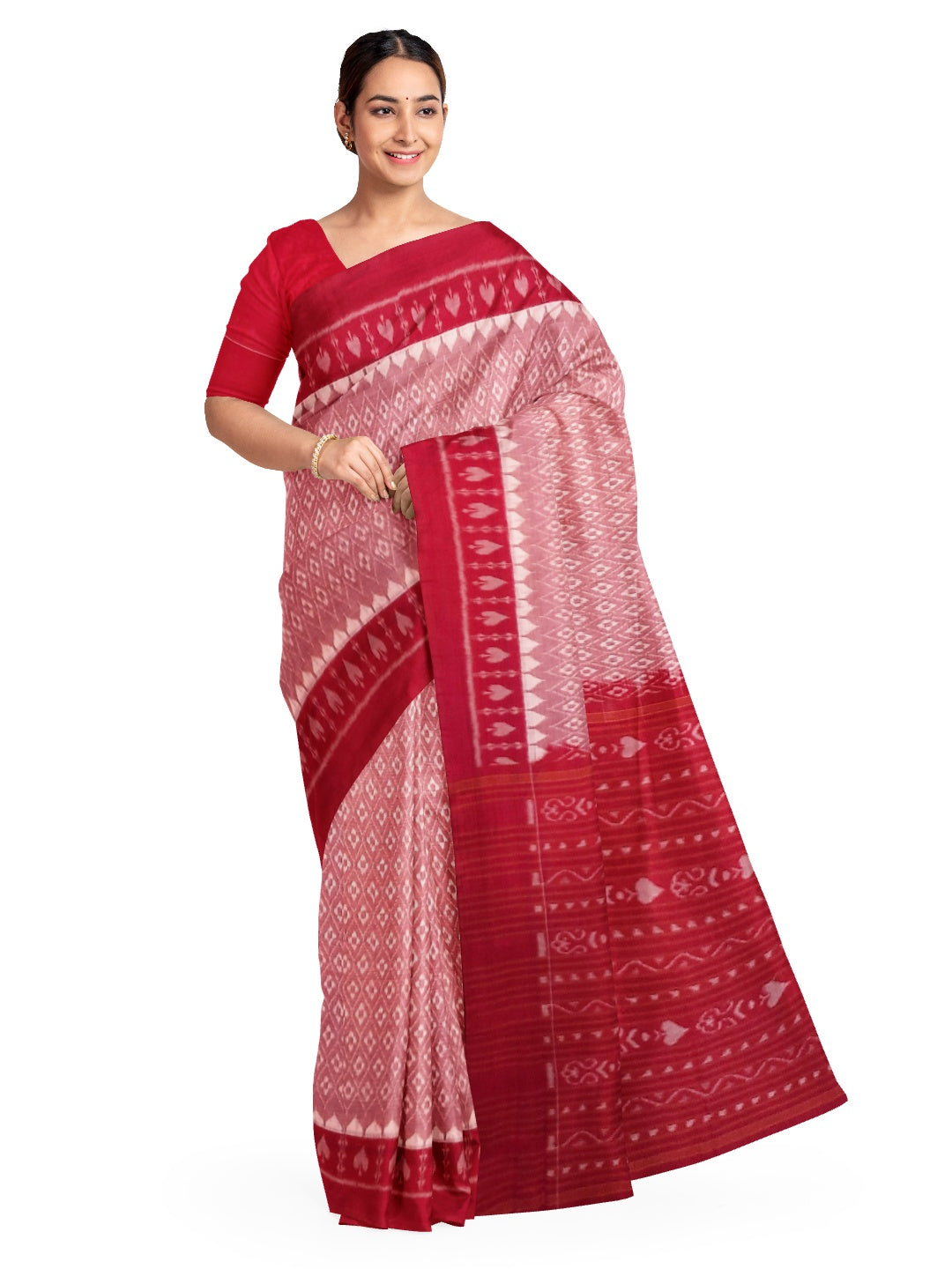 Pink with Red Cotton Odisha Ikat saree with running blouse piece