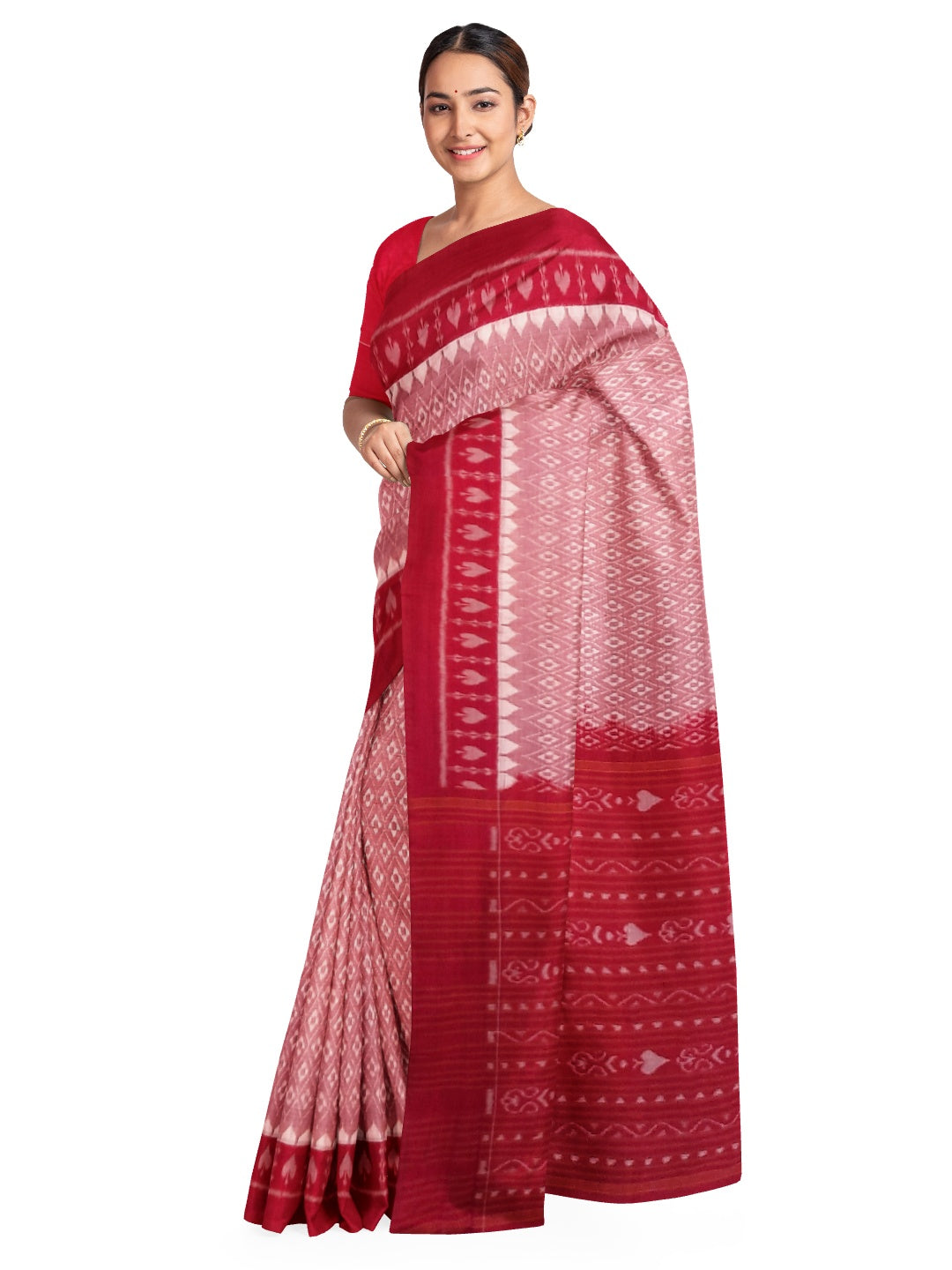 Pink with Red Cotton Odisha Ikat saree with running blouse piece