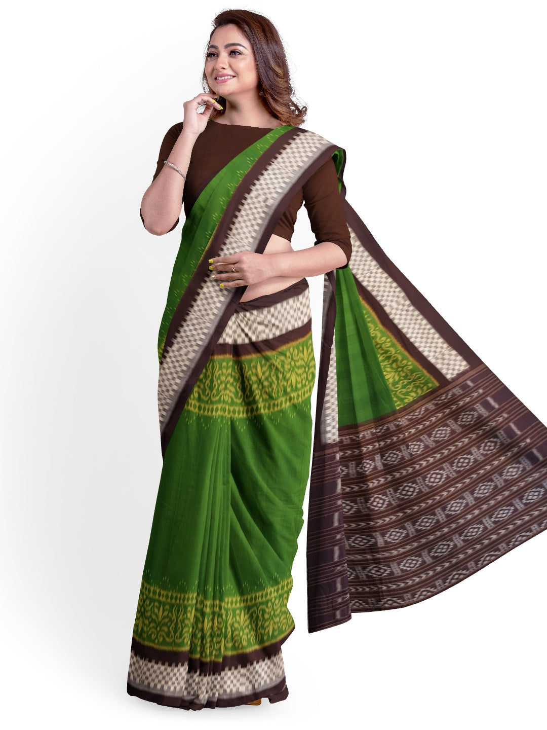 Green with Brown Cotton Odisha Ikat saree with running blouse piece