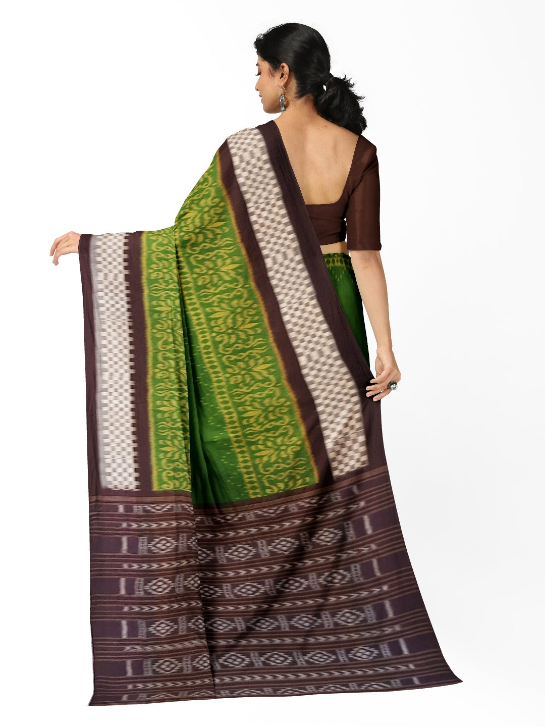 Green with Brown Cotton Odisha Ikat saree with running blouse piece