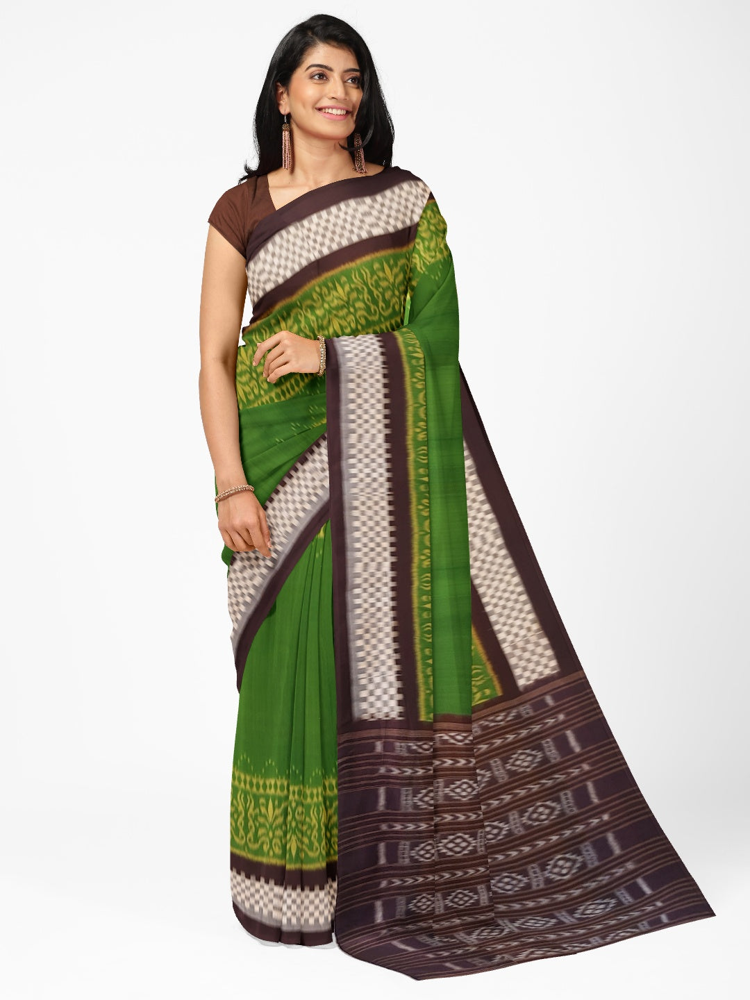Green with Brown Cotton Odisha Ikat saree with running blouse piece