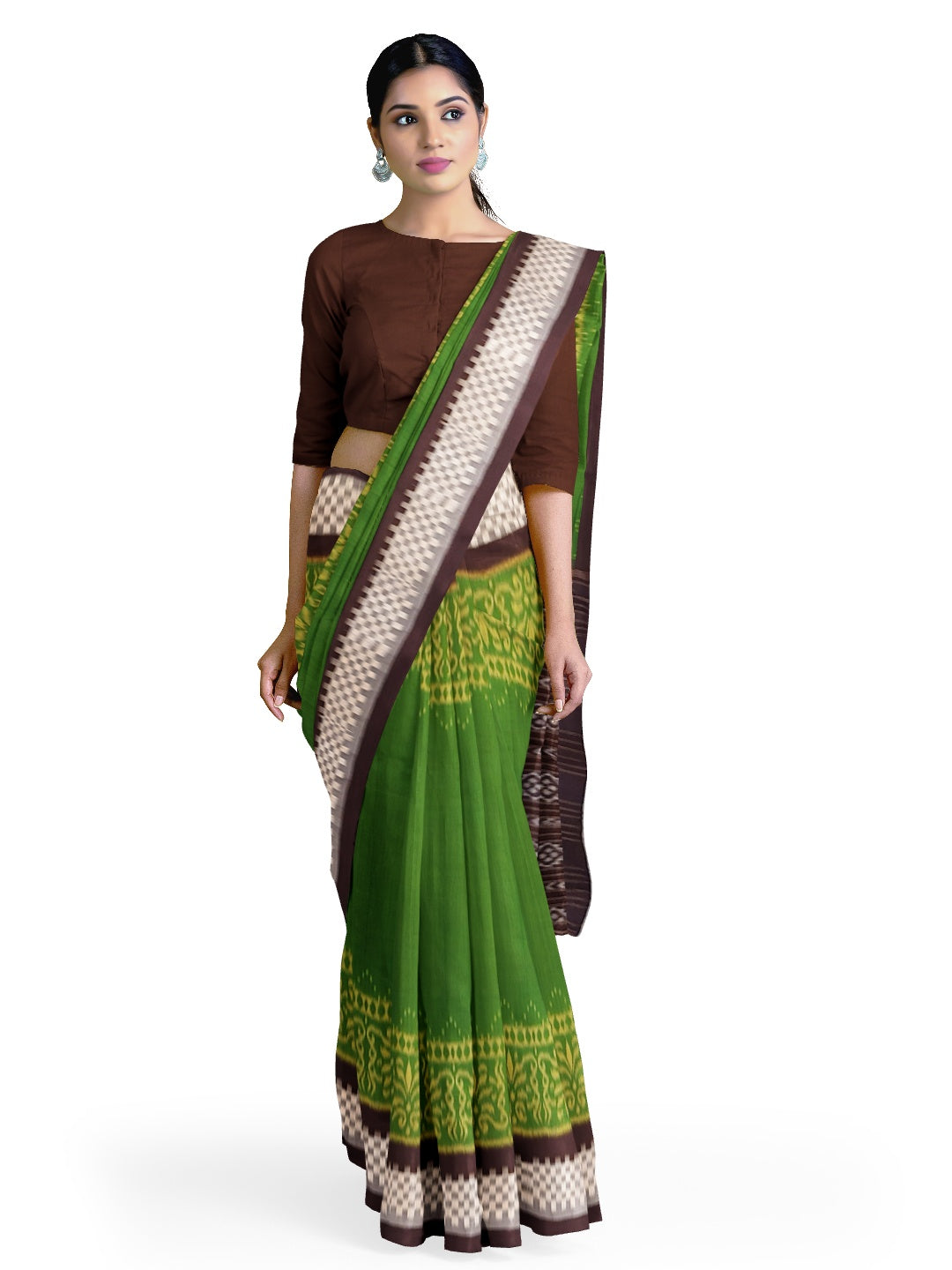 Green with Brown Cotton Odisha Ikat saree with running blouse piece