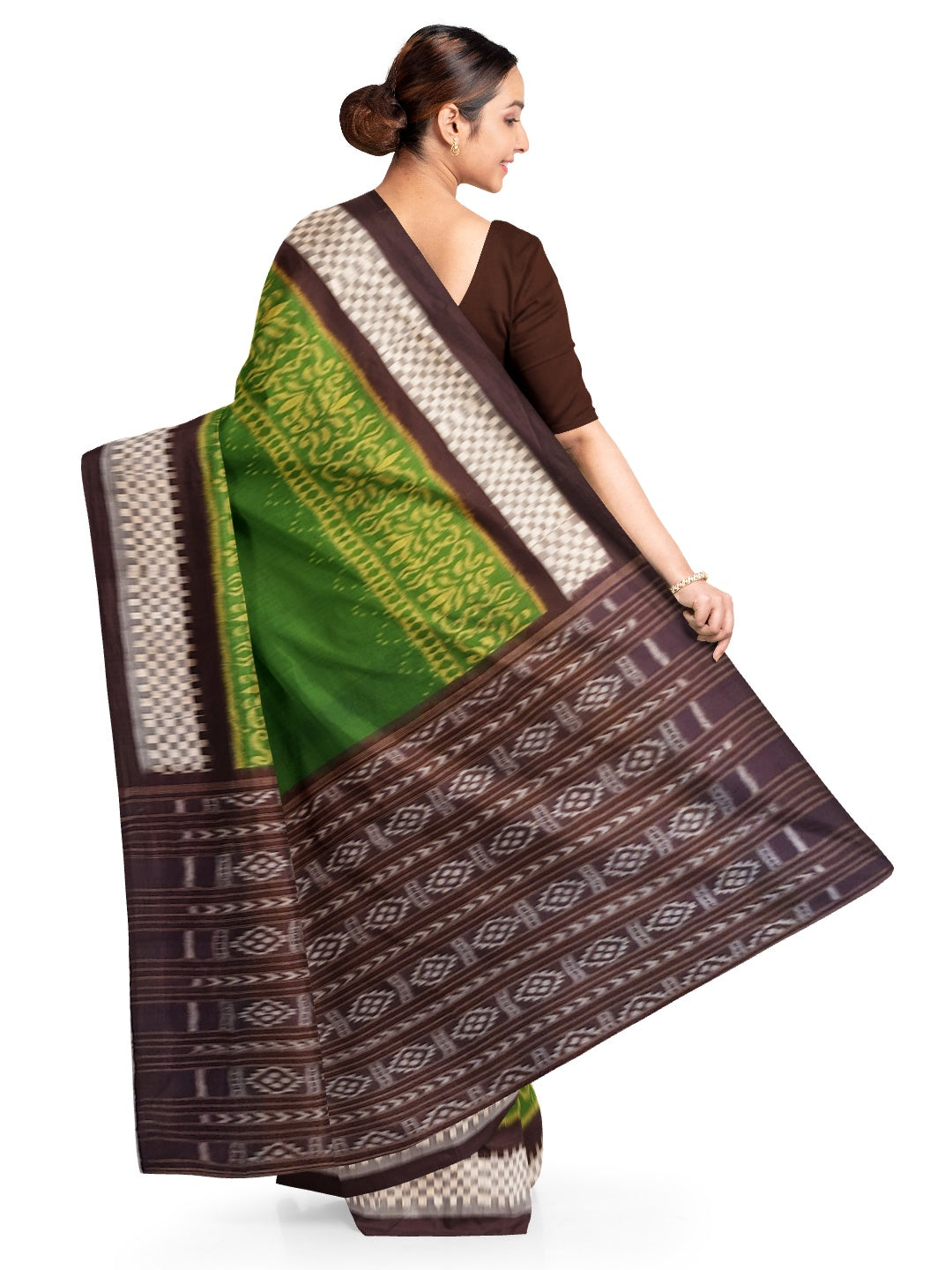 Green with Brown Cotton Odisha Ikat saree with running blouse piece