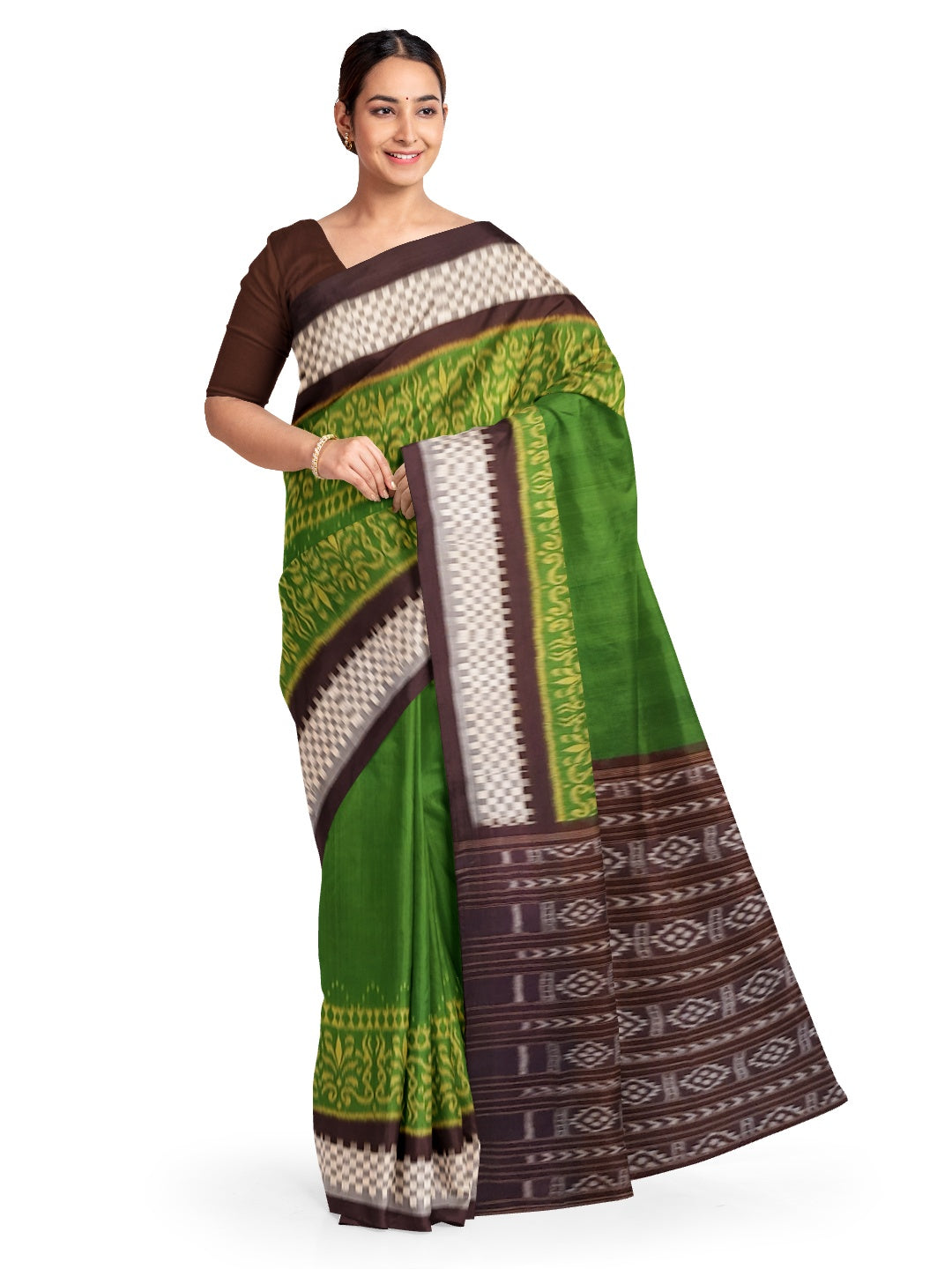 Green with Brown Cotton Odisha Ikat saree with running blouse piece
