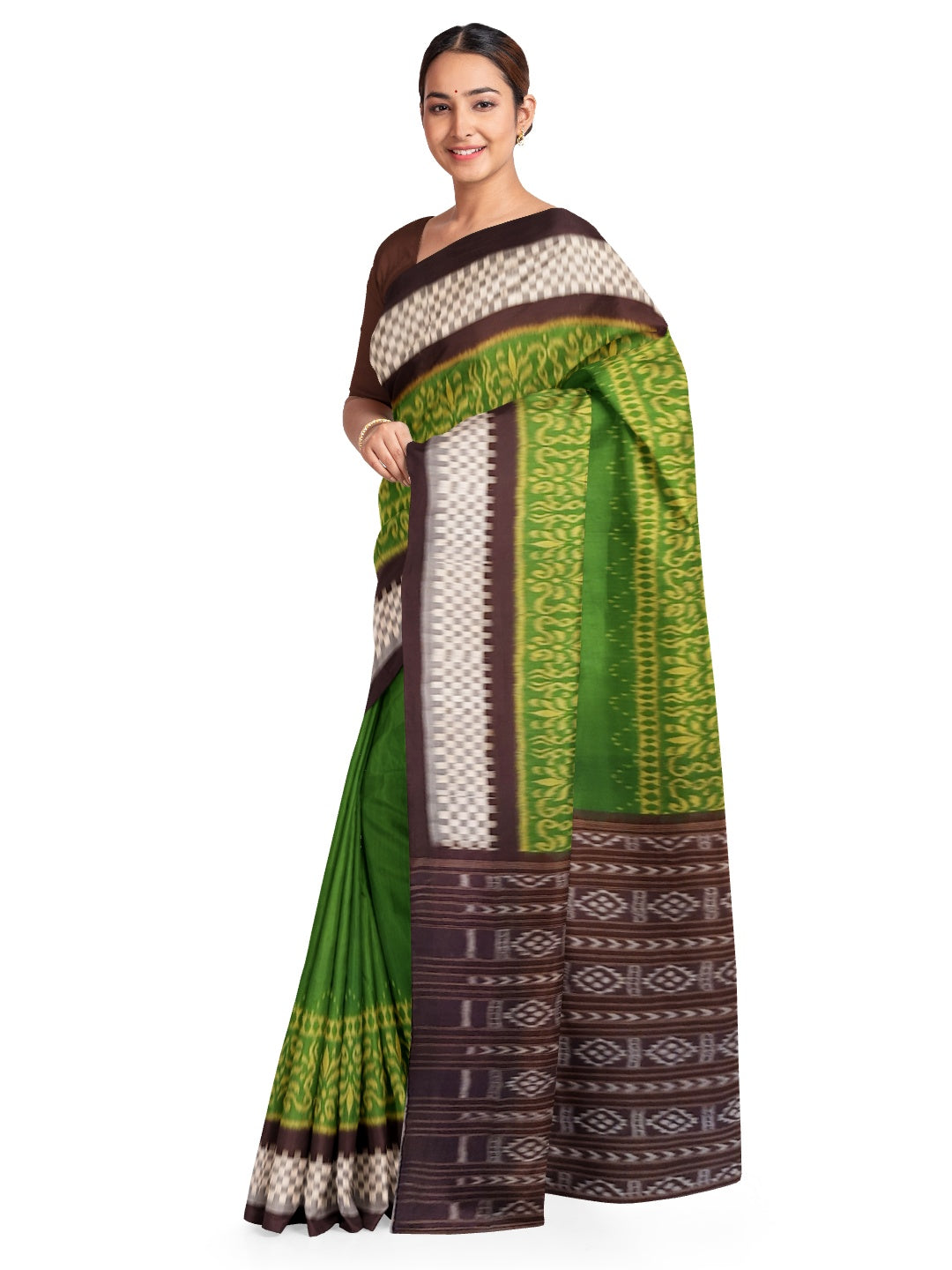 Green with Brown Cotton Odisha Ikat saree with running blouse piece
