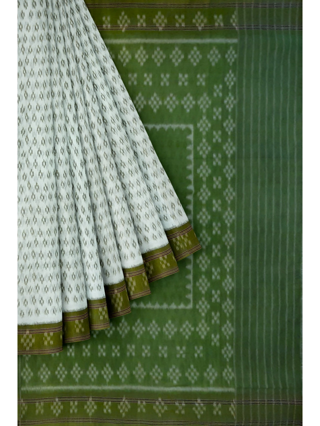 White with Mehendi Green Cotton Odisha Ikat saree with cotton ikat blouse piece