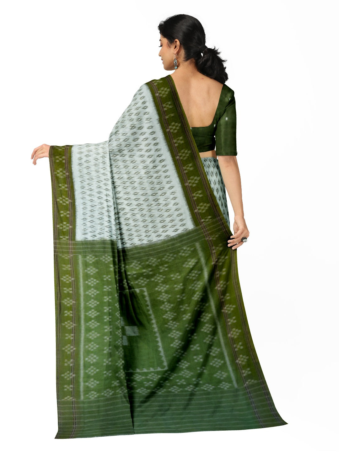 White with Mehendi Green Cotton Odisha Ikat saree with cotton ikat blouse piece