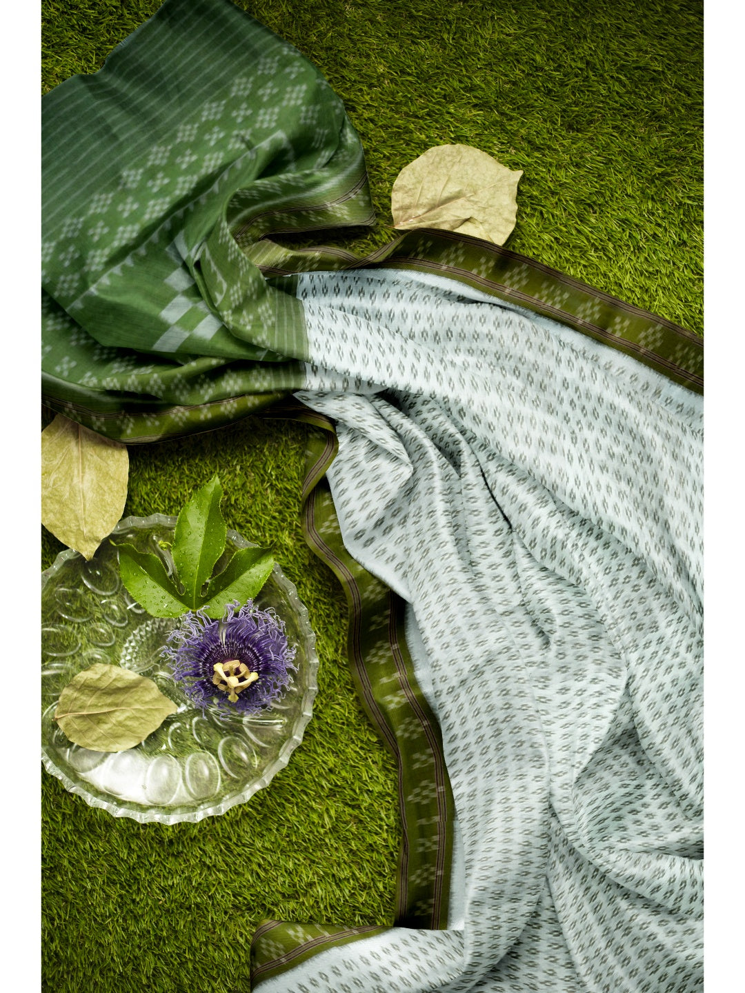 White with Mehendi Green Cotton Odisha Ikat saree with cotton ikat blouse piece