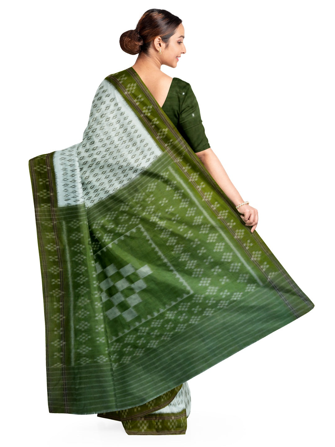White with Mehendi Green Cotton Odisha Ikat saree with cotton ikat blouse piece