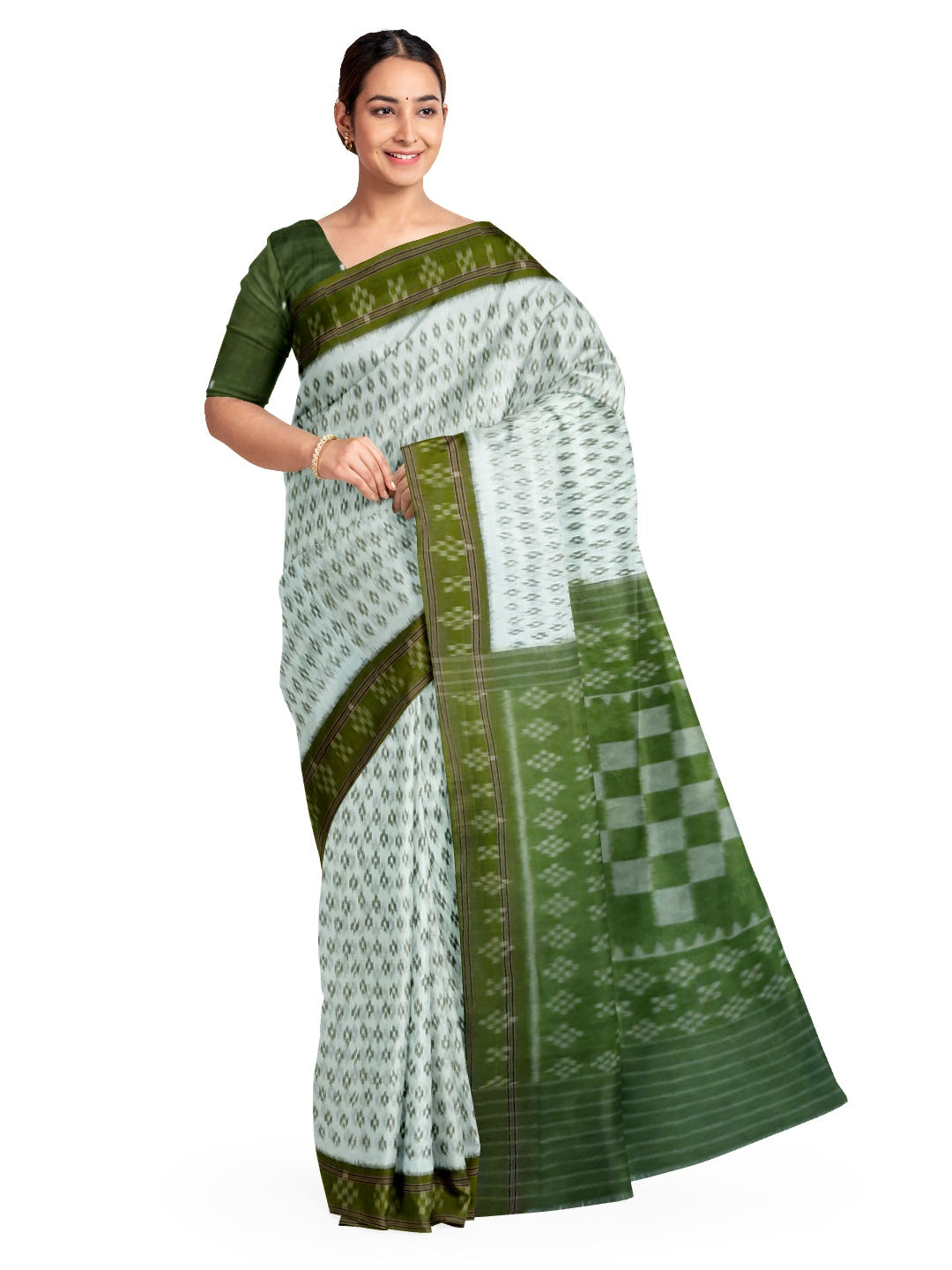 White with Mehendi Green Cotton Odisha Ikat saree with cotton ikat blouse piece