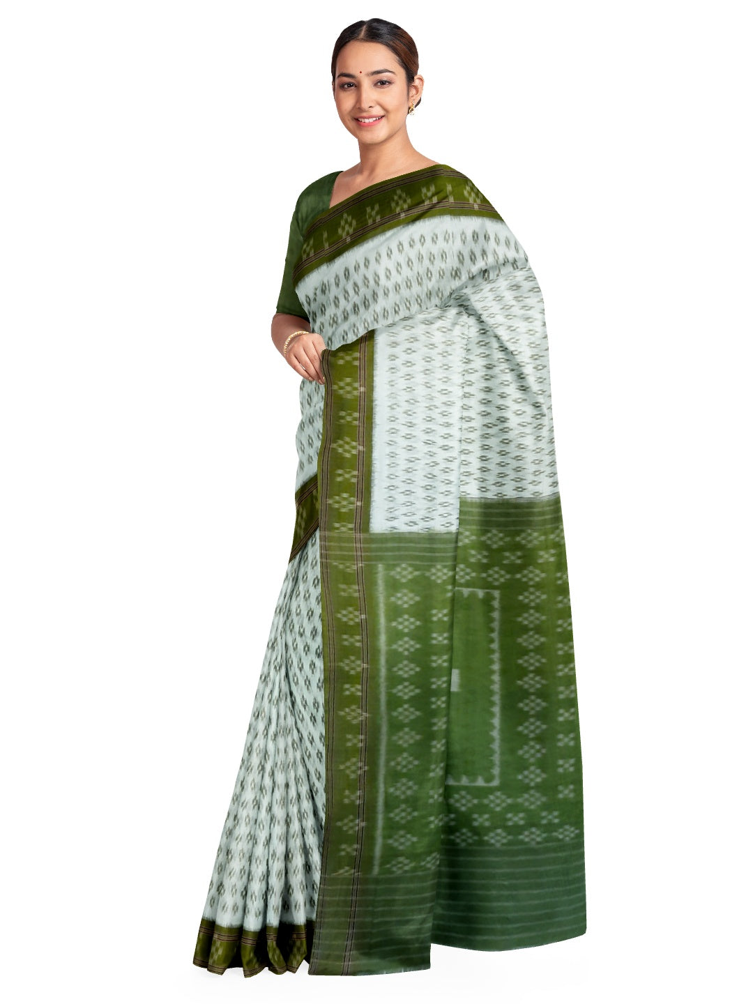 White with Mehendi Green Cotton Odisha Ikat saree with cotton ikat blouse piece