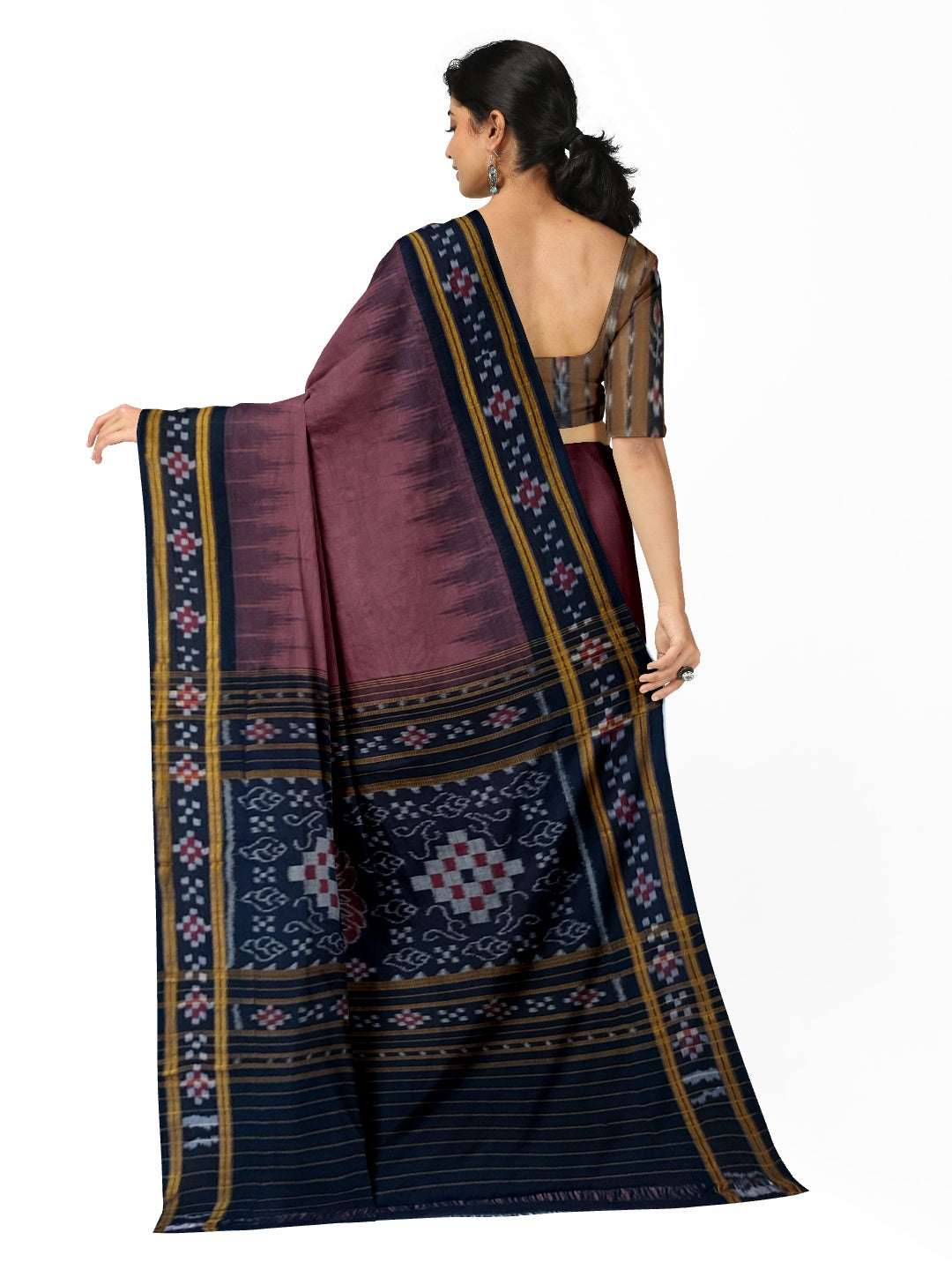 Dark Wine Cotton Odisha Ikat saree with cotton ikat blouse piece