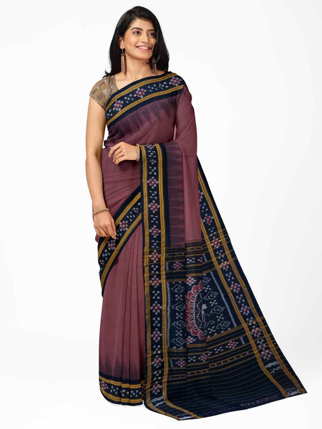 Dark Wine Cotton Odisha Ikat saree with cotton ikat blouse piece