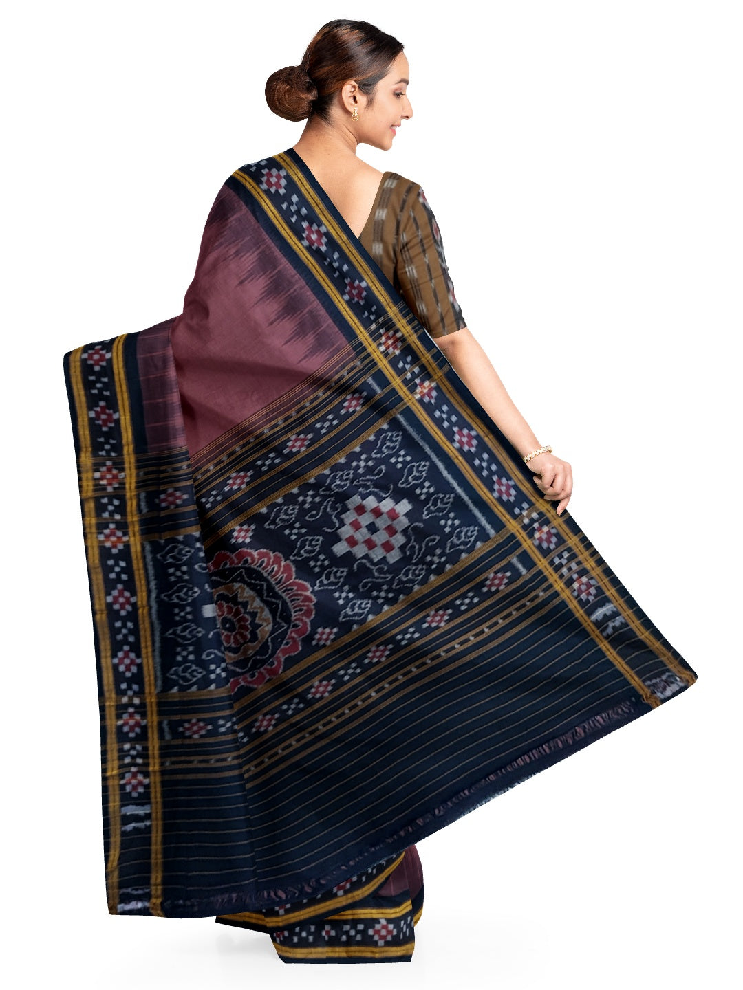Dark Wine Cotton Odisha Ikat saree with cotton ikat blouse piece