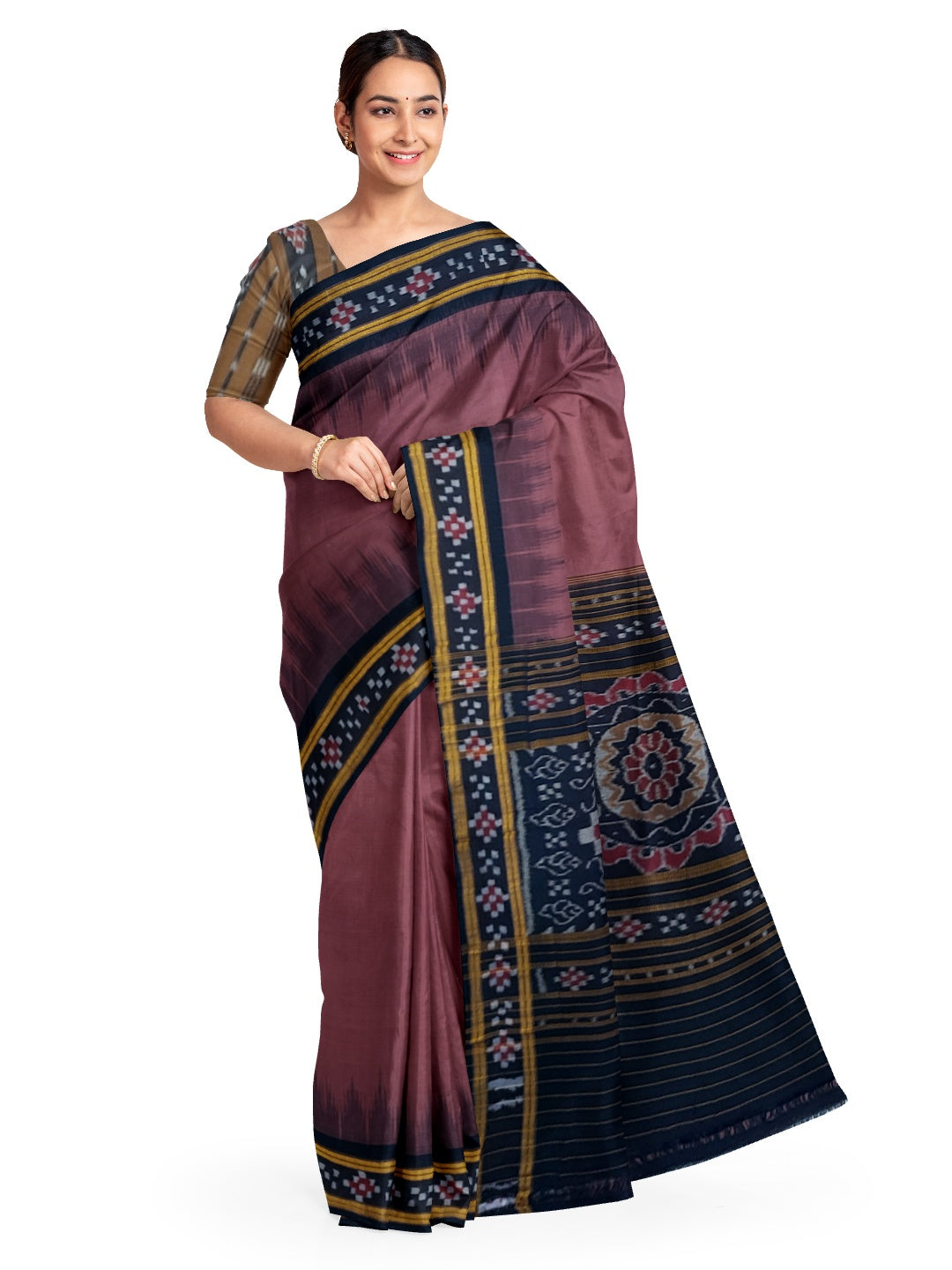 Dark Wine Cotton Odisha Ikat saree with cotton ikat blouse piece