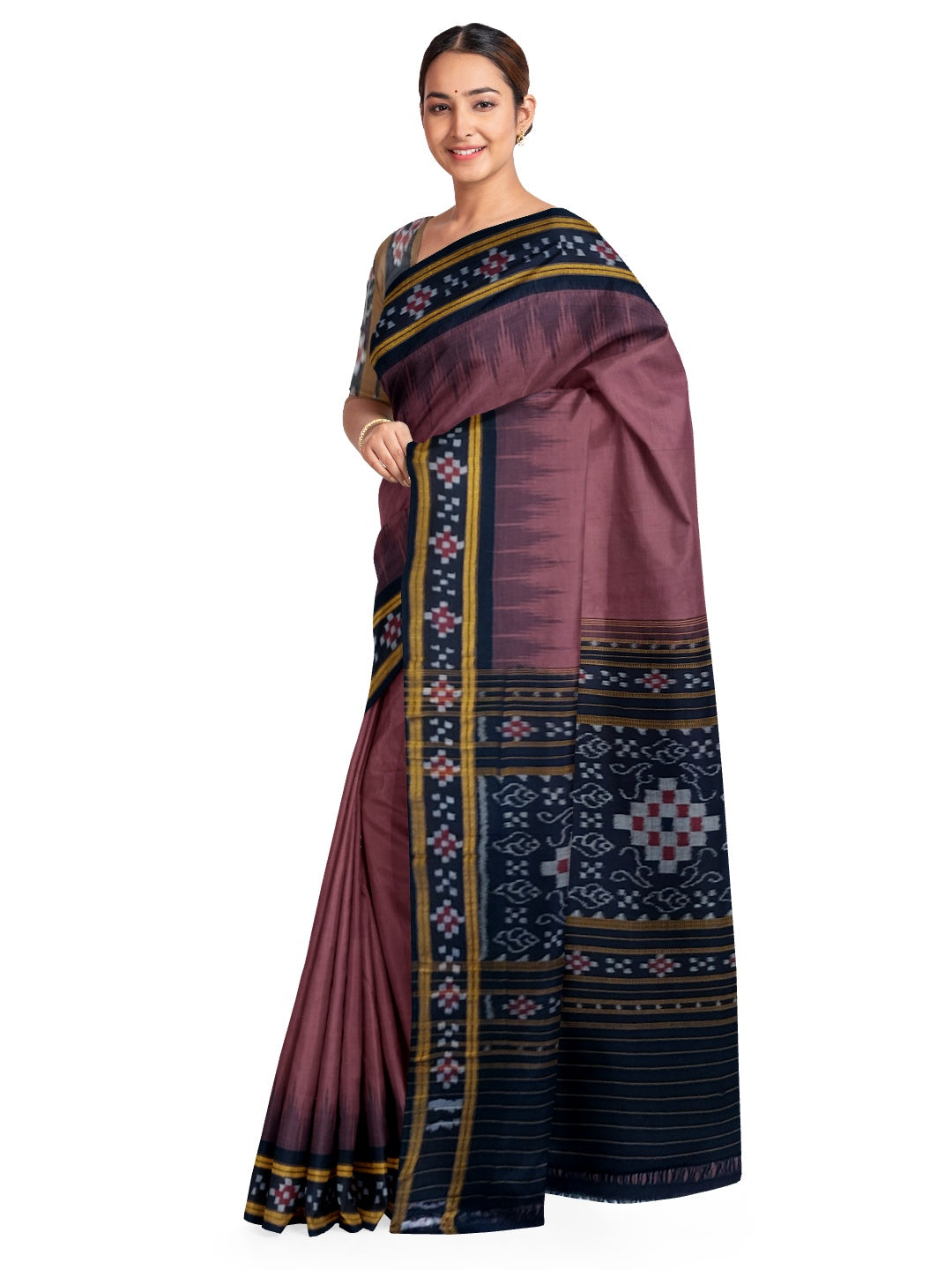 Dark Wine Cotton Odisha Ikat saree with cotton ikat blouse piece