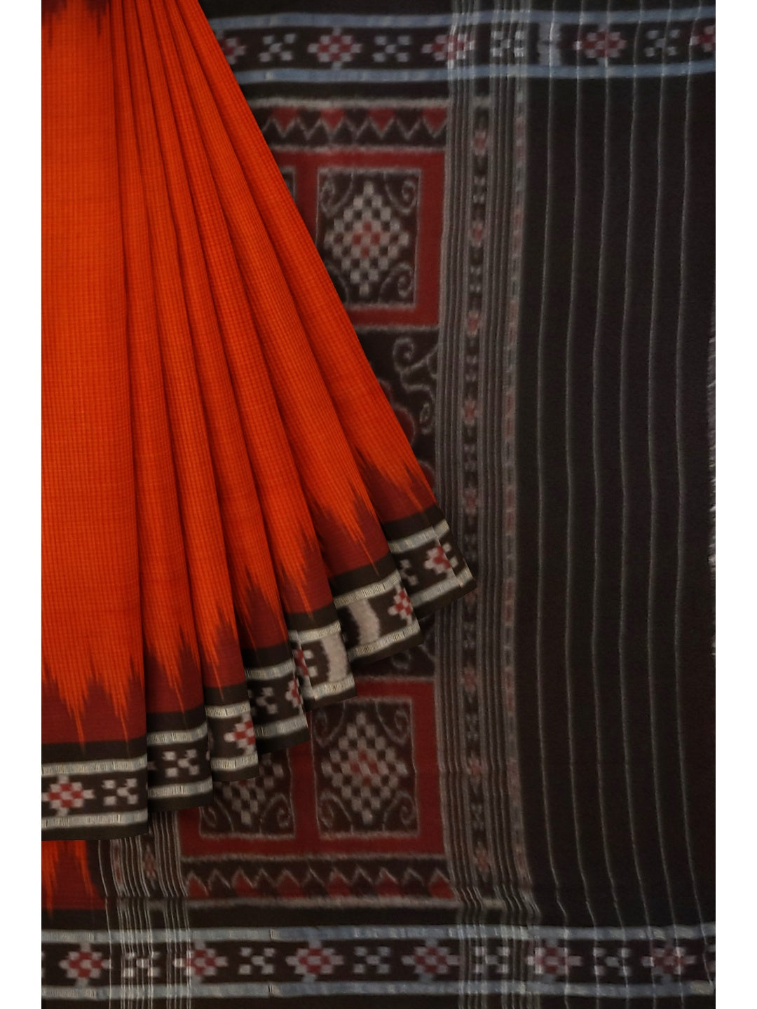 Orange checkered body Cotton Odisha Ikat saree with cotton ikat blouse piece