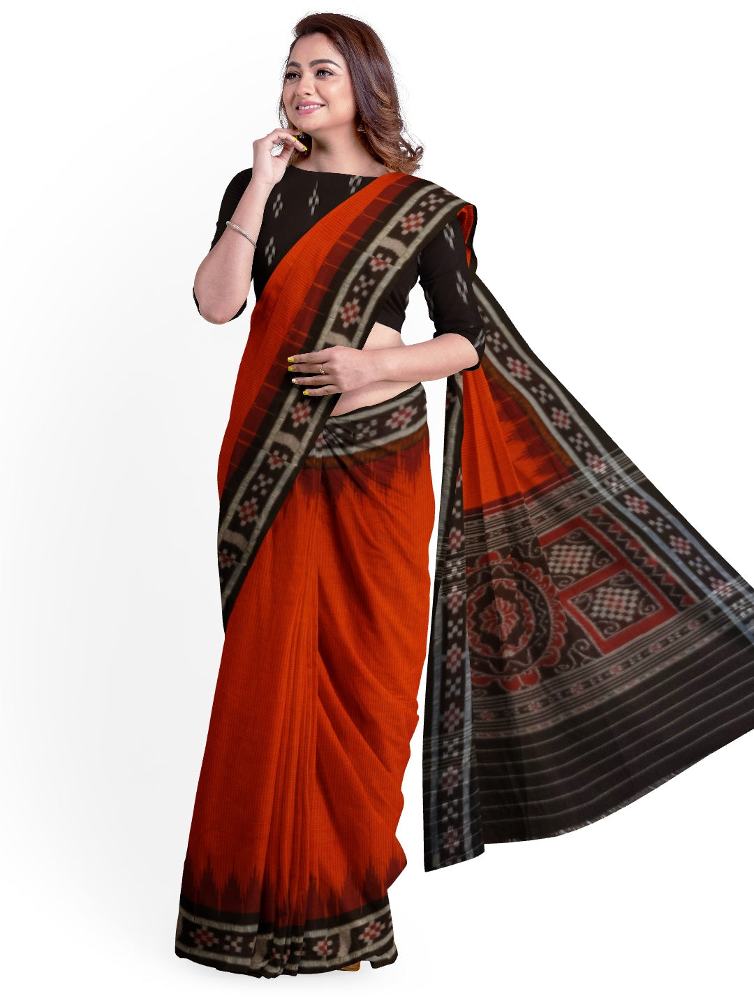 Orange checkered body Cotton Odisha Ikat saree with cotton ikat blouse piece
