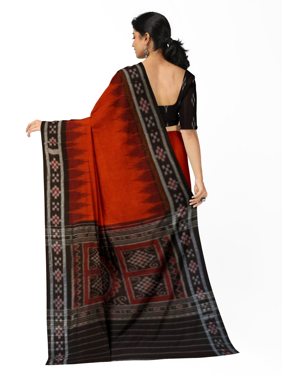 Orange checkered body Cotton Odisha Ikat saree with cotton ikat blouse piece