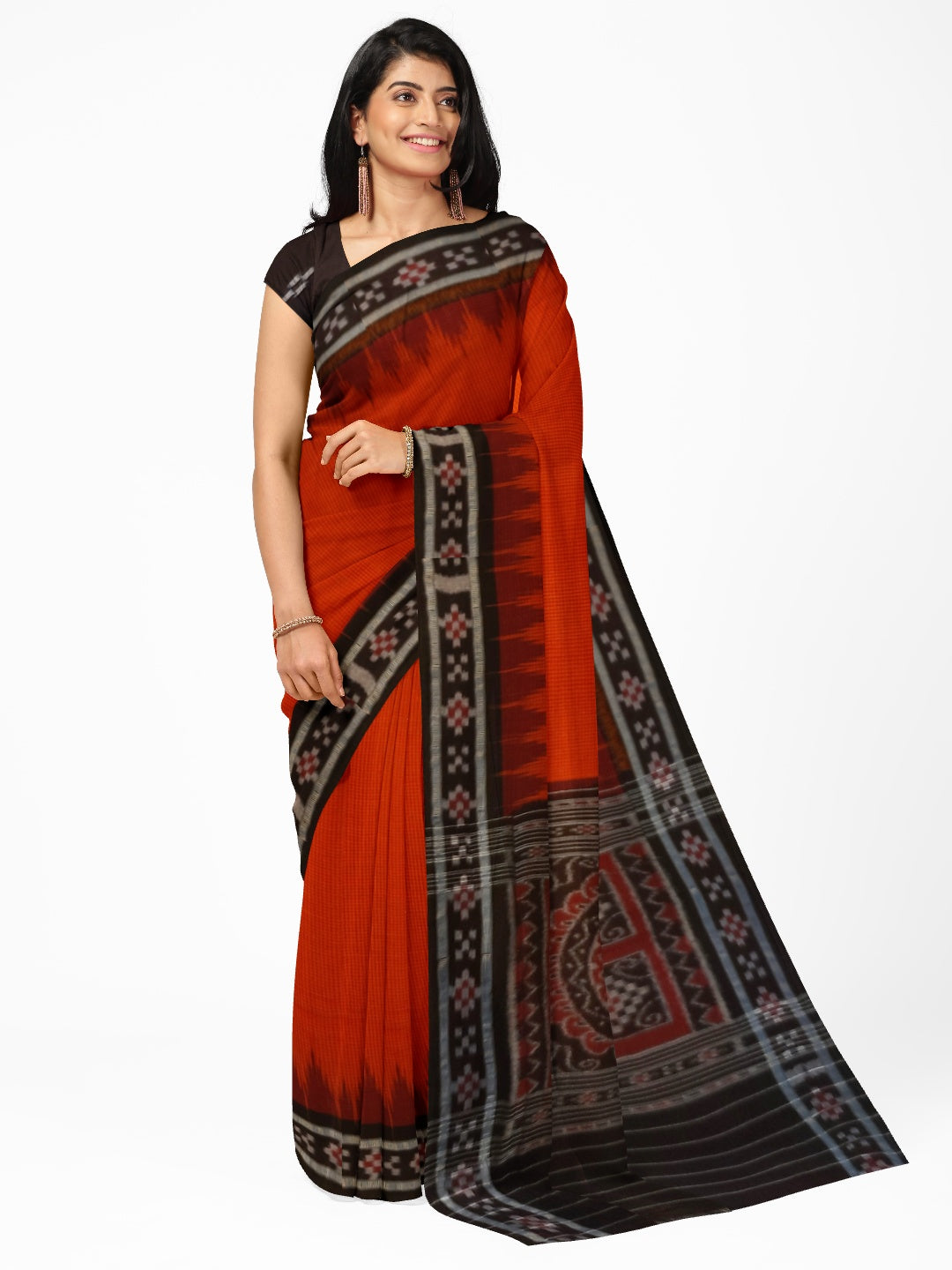 Orange checkered body Cotton Odisha Ikat saree with cotton ikat blouse piece